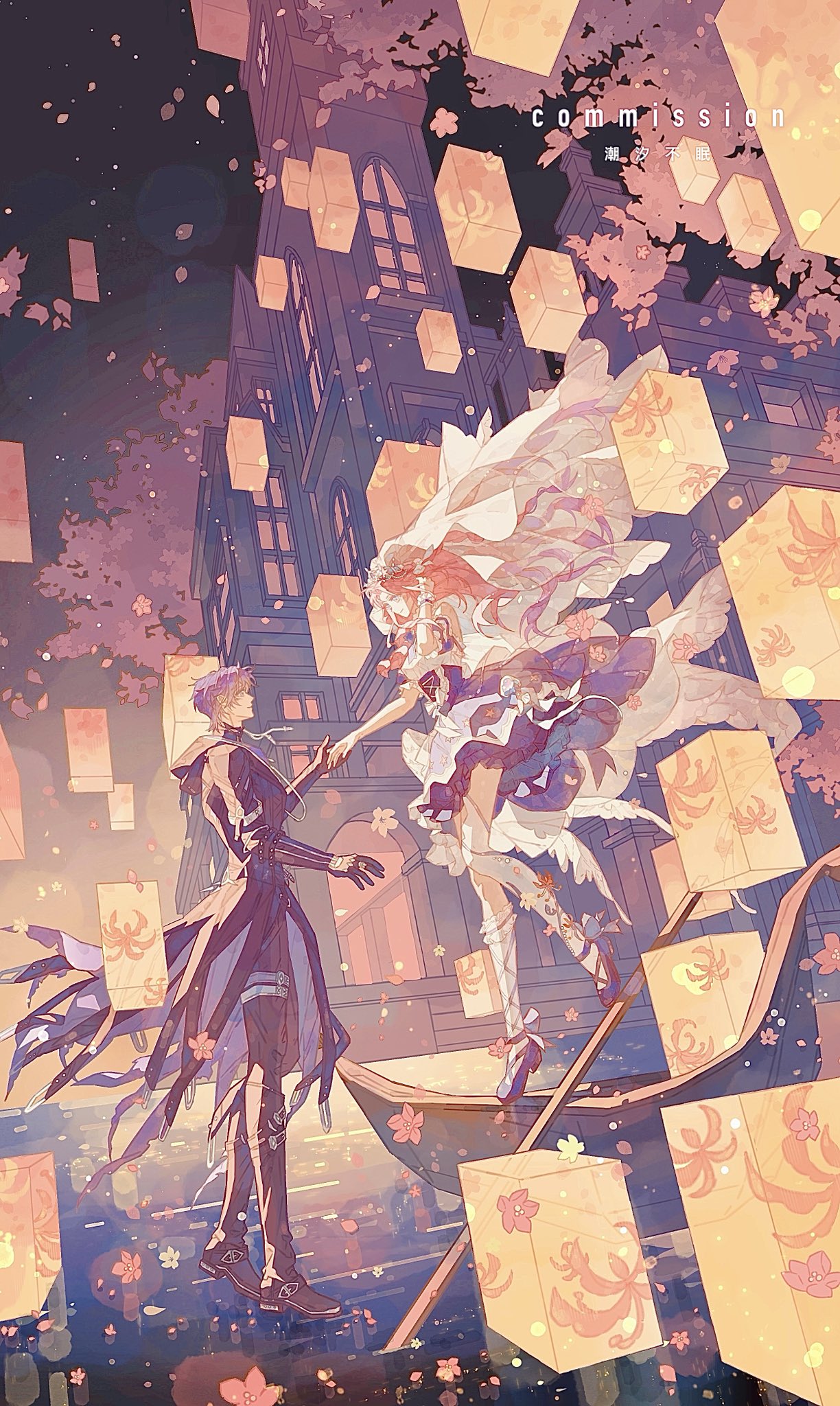 chaoxibumian, protagonist (love and deepspace), rafayel (love and deepspace), love and deepspace, commentary, commission, english commentary, highres, 1boy, 1girl, black boots, black coat, black gloves, black shoes, boots, coat, couple, dress, full body, gloves, gondola, hetero, holding hands, hood, hood down, hooded coat, lantern, long hair, pink hair, purple hair, shoes, short hair, socks, veil, white socks, white veil