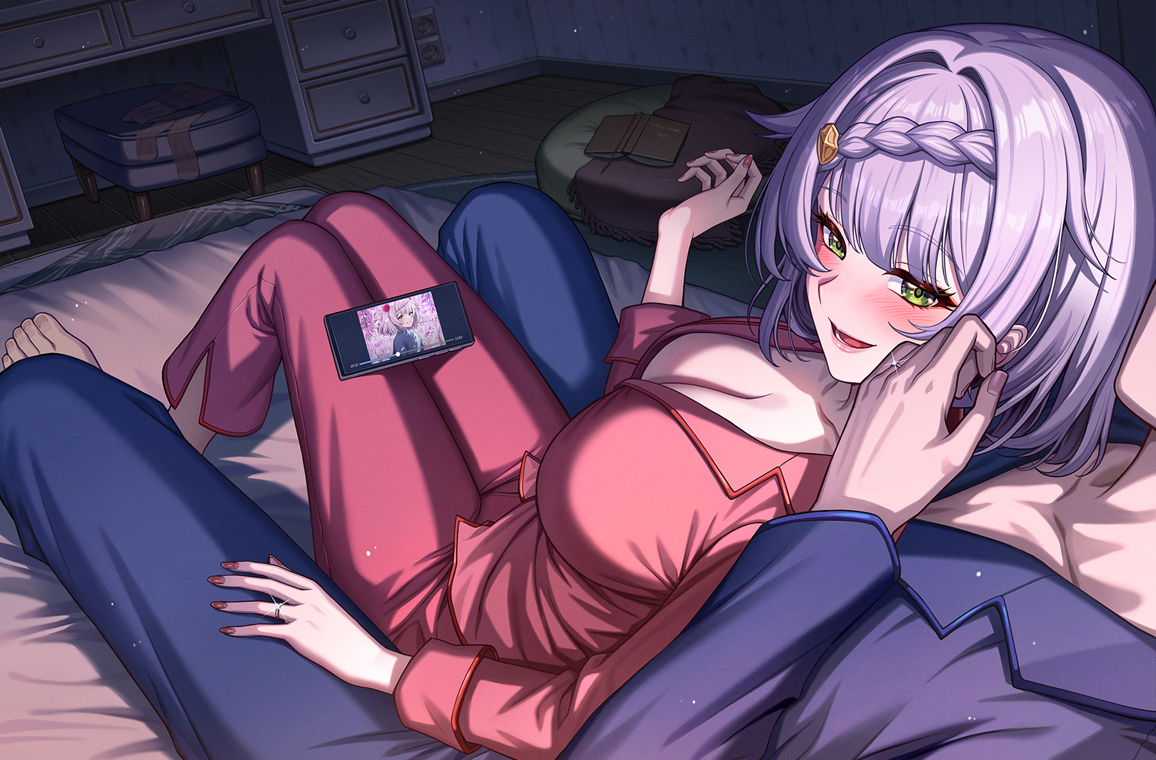 no-ba, noelle (genshin impact), genshin impact, commentary request, highres, 1boy, 1girl, alternate costume, barefoot, bed, bedroom, blue pajamas, blush, braid, braided bangs, breasts, cellphone, cleavage, contemporary, couple, fingernails, glint, green eyes, grey hair, hair ornament, hand in another's hair, hetero, husband and wife, indoors, jewelry, knees up, large breasts, long fingernails, long sleeves, looking at viewer, nail polish, on bed, open mouth, pajamas, phone, pink pajamas, ring, short hair, sitting, smartphone, smile, table, vanity table, wedding ring