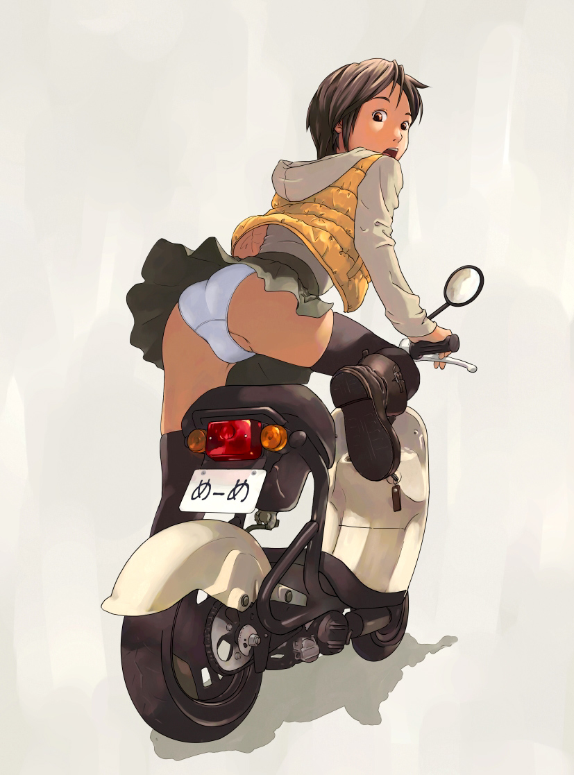 notsu, notsu (gsxr), vehicle, copyright request, translated, 1girl, ass, boots, brown hair, clothes lift, female focus, gradient background, grey background, jacket, license plate, looking at viewer, looking back, motor vehicle, orange eyes, panties, pantyshot, scooter, short hair, simple background, skirt, skirt lift, solo, surprised, thighhighs, underwear, white panties