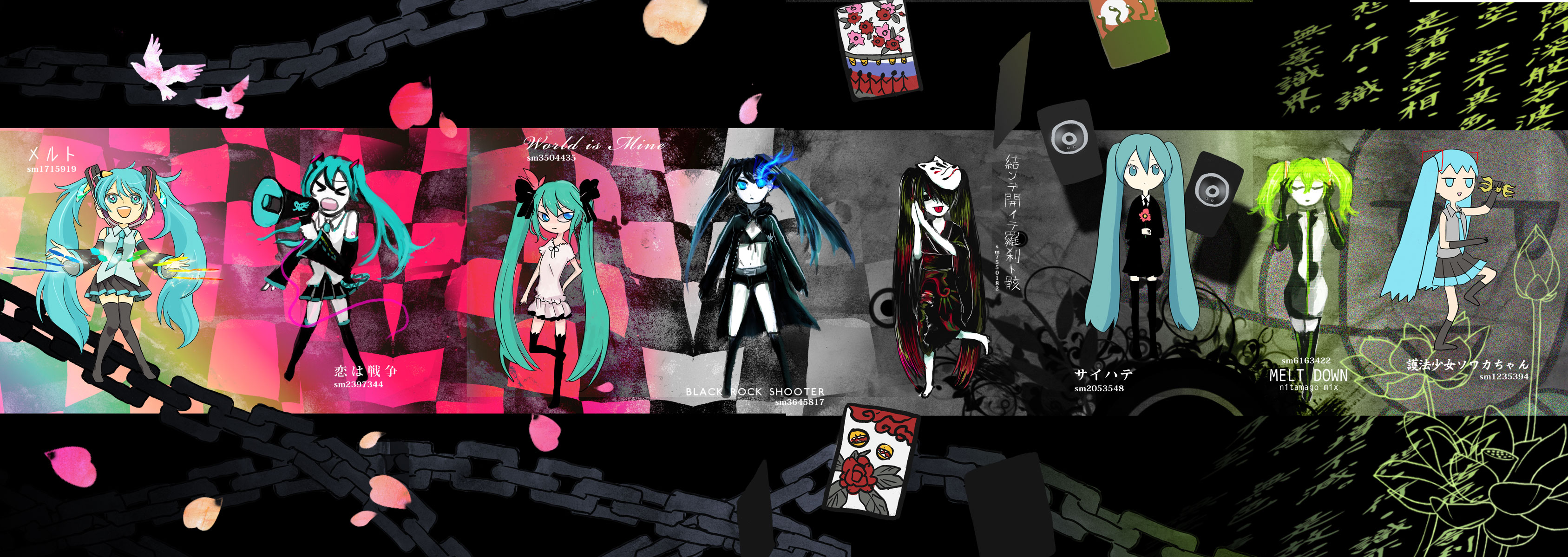 mokeo, black rock shooter (character), hatsune miku, hatsune miku (roshin yuukai/nitamagomix), hatsune miku (saihate), sowaka-chan, black rock shooter, gohou shoujo sowaka-chan, koi wa sensou (vocaloid), melt (vocaloid), musunde hiraite rasetsu to mukuro (vocaloid), roshin yuukai (vocaloid), saihate (vocaloid), vocaloid, world is mine (vocaloid), absurdres, highres, long image, wide image, 10s, 6+girls, aqua eyes, aqua hair, black hair, blue eyes, detached sleeves, fox mask, green hair, hair ribbon, hanafuda, long hair, mask, multiple girls, multiple persona, ribbon, skirt, songover, thighhighs, twintails, very long hair