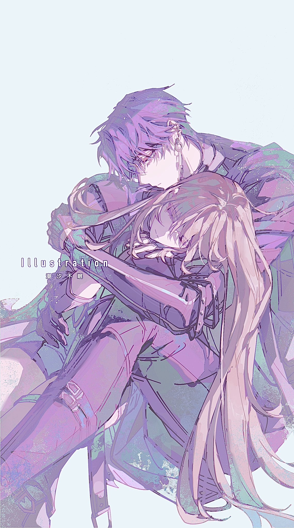 chaoxibumian, protagonist (love and deepspace), rafayel (love and deepspace), love and deepspace, commentary, highres, symbol-only commentary, 1boy, 1girl, black boots, black gloves, black pantyhose, boots, brown hair, closed eyes, couple, earrings, feet out of frame, gloves, hair between eyes, hetero, hood, hood down, hug, hug from behind, jewelry, leaning on person, long hair, pantyhose, purple hair, short hair, sitting