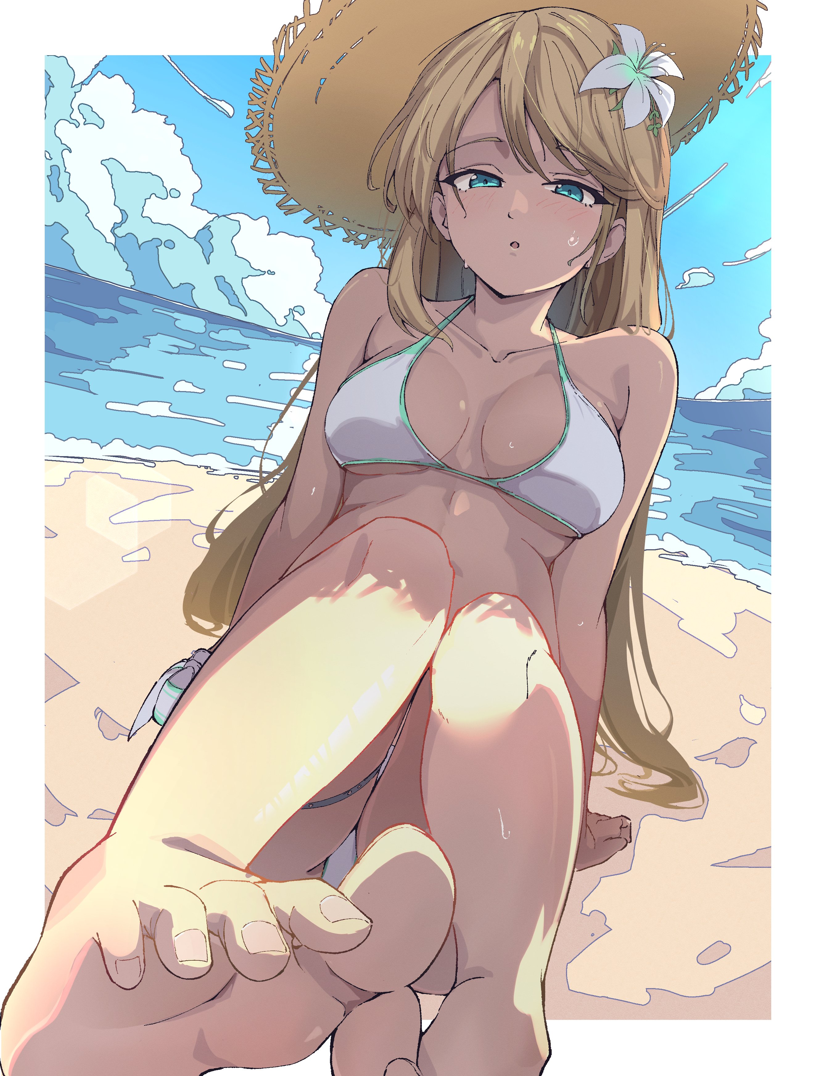 naisu (nai su01), elaine auclair, eiyuu densetsu, kuro no kiseki (series), absurdres, highres, 1girl, bare legs, barefoot, bikini, blonde hair, braid, breasts, crown braid, feet, foot focus, green eyes, hat, legs, looking at viewer, ocean, open mouth, sand, straw hat, swimsuit, white bikini