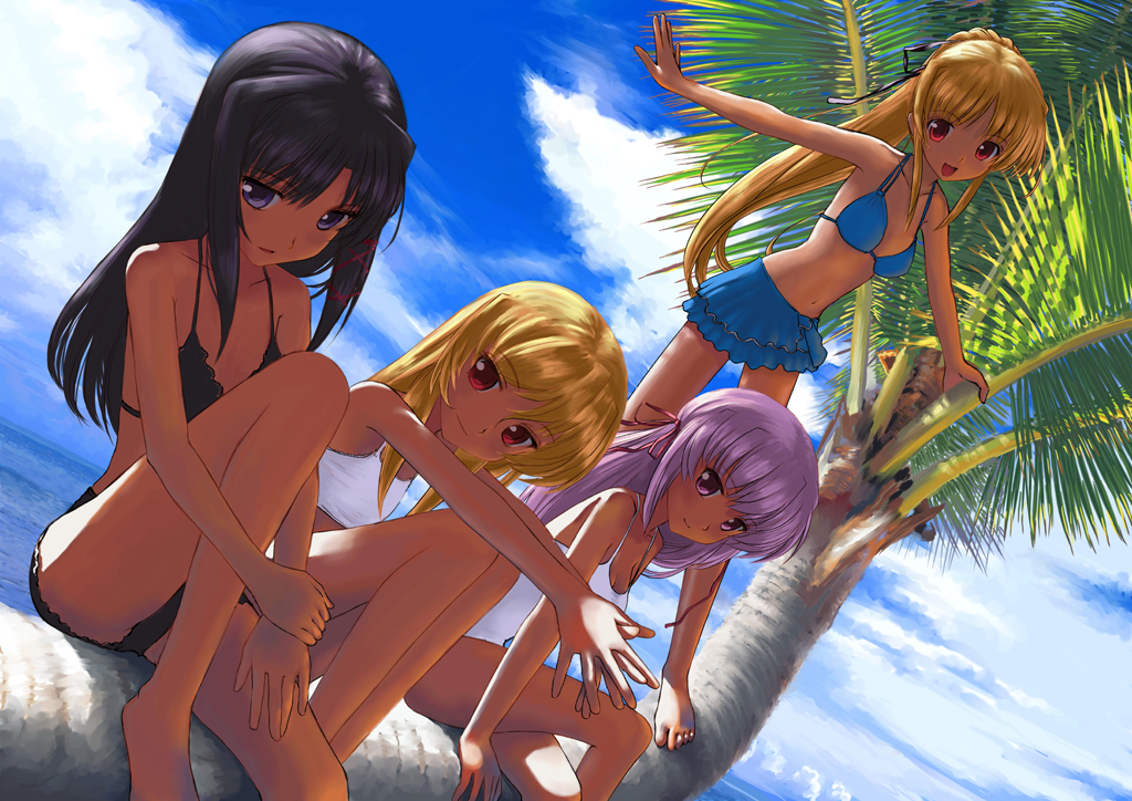 mocha, cynthia marguerite, estel freesia, kuze kiriha, sendou erika, august soft, fortune arterial, yoake mae yori ruri iro na, 4girls, barefoot, bikini, black hair, blonde hair, company connection, crossover, day, long hair, long legs, multiple girls, palm tree, purple hair, skinny, swimsuit, tree