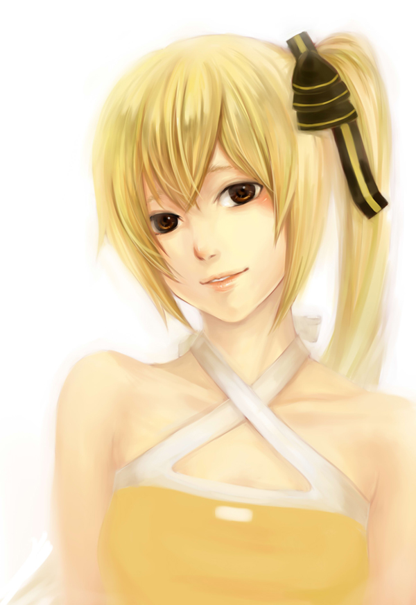 eiy, akita neru, vocaloid, bad id, bad pixiv id, blonde hair, brown eyes, close-up, hair ribbon, long hair, realistic, ribbon, side ponytail, simple background, smile, solo