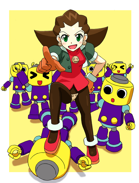servbot (mega man), tron bonne (mega man), capcom, mega man (series), mega man legends (series), 1girl, black hair, crotch plate, green eyes, hair slicked back, pantyhose