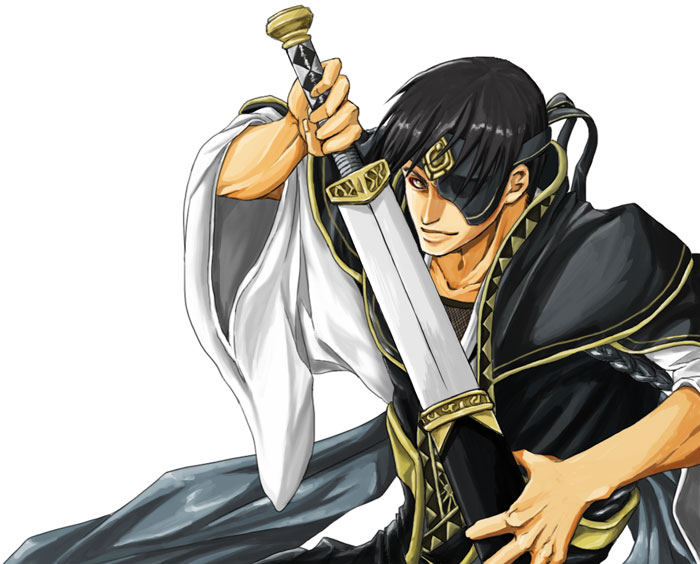 featxxx, georg prime, gensou suikoden, gensou suikoden v, 1boy, black hair, eyepatch, headband, male focus, sheath, simple background, solo, sword, unsheathing, upper body, weapon, white background