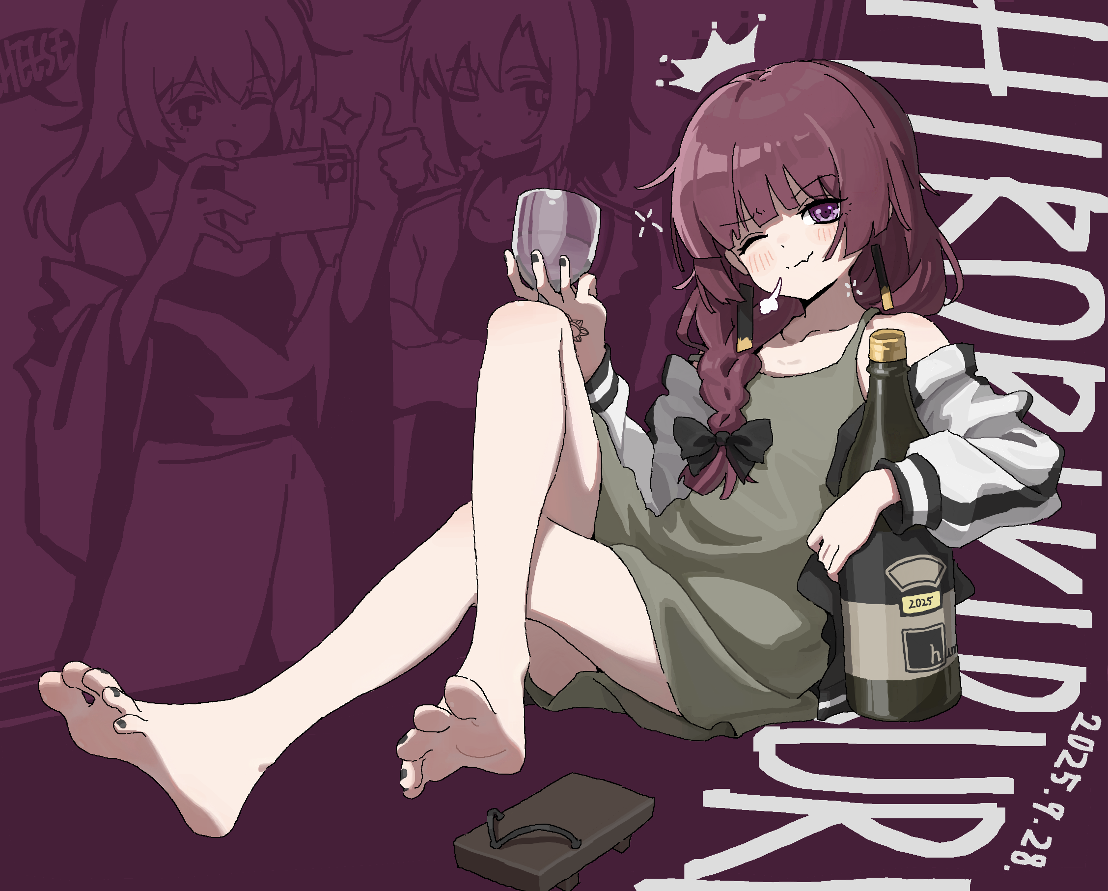 mcwanderer, hiroi kikuri, bocchi the rock!, highres, 1girl, barefoot, blush, bottle, crossed legs, cup, drinking glass, feet, geta, long hair, looking at viewer, one eye closed, purple eyes, red hair, sake bottle, shoes, single shoe, soles, toes, unworn shoes, wine glass
