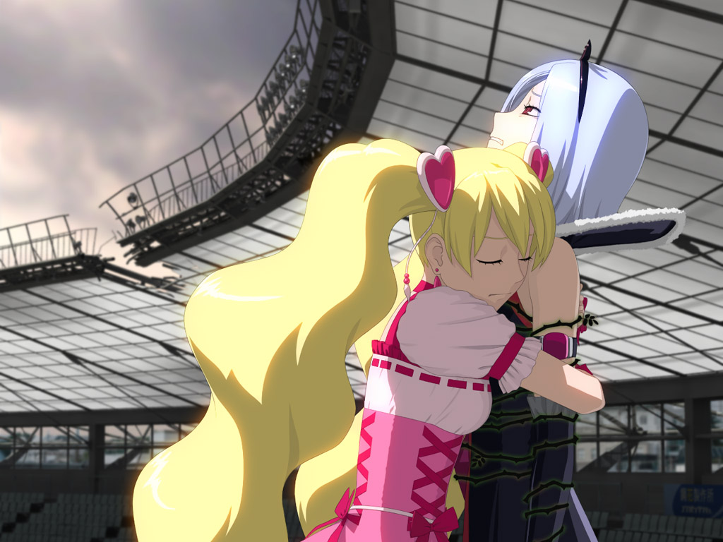 yasunon, cure peach, eas (fresh precure!), higashi setsuna, momozono love, fresh precure!, precure, 00s, 2girls, blonde hair, blue hair, closed eyes, couple, earrings, hair ornament, heart, heart hair ornament, hug, jewelry, magical girl, multiple girls, red eyes, ribbon, ruins, stadium, thorns, twintails, you gonna get befriended, yuri