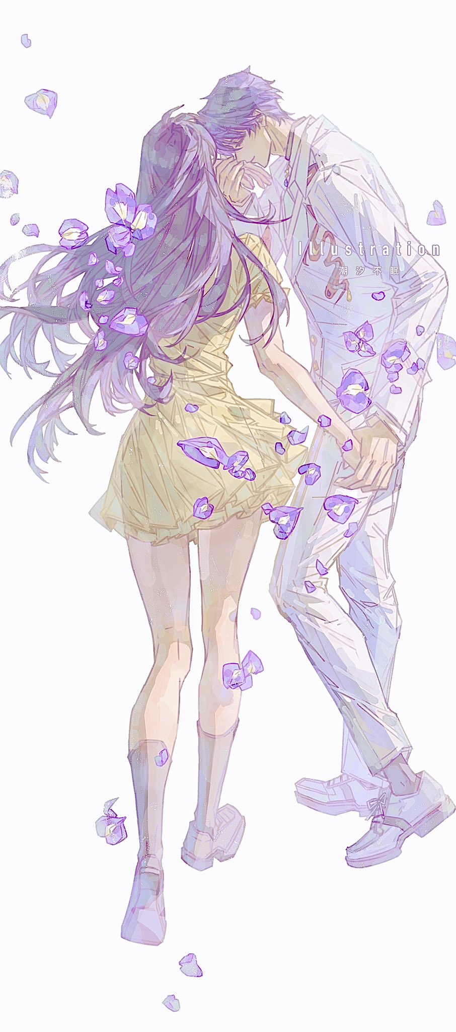 chaoxibumian, protagonist (love and deepspace), rafayel (love and deepspace), love and deepspace, commentary, highres, symbol-only commentary, 1boy, 1girl, boots, couple, dress, facing away, flower, formal clothes, from behind, full body, grey boots, hetero, holding hands, jacket, long hair, pants, puffy short sleeves, puffy sleeves, purple flower, short dress, short hair, short sleeves, suit, white background, white jacket, white pants, white suit, yellow dress