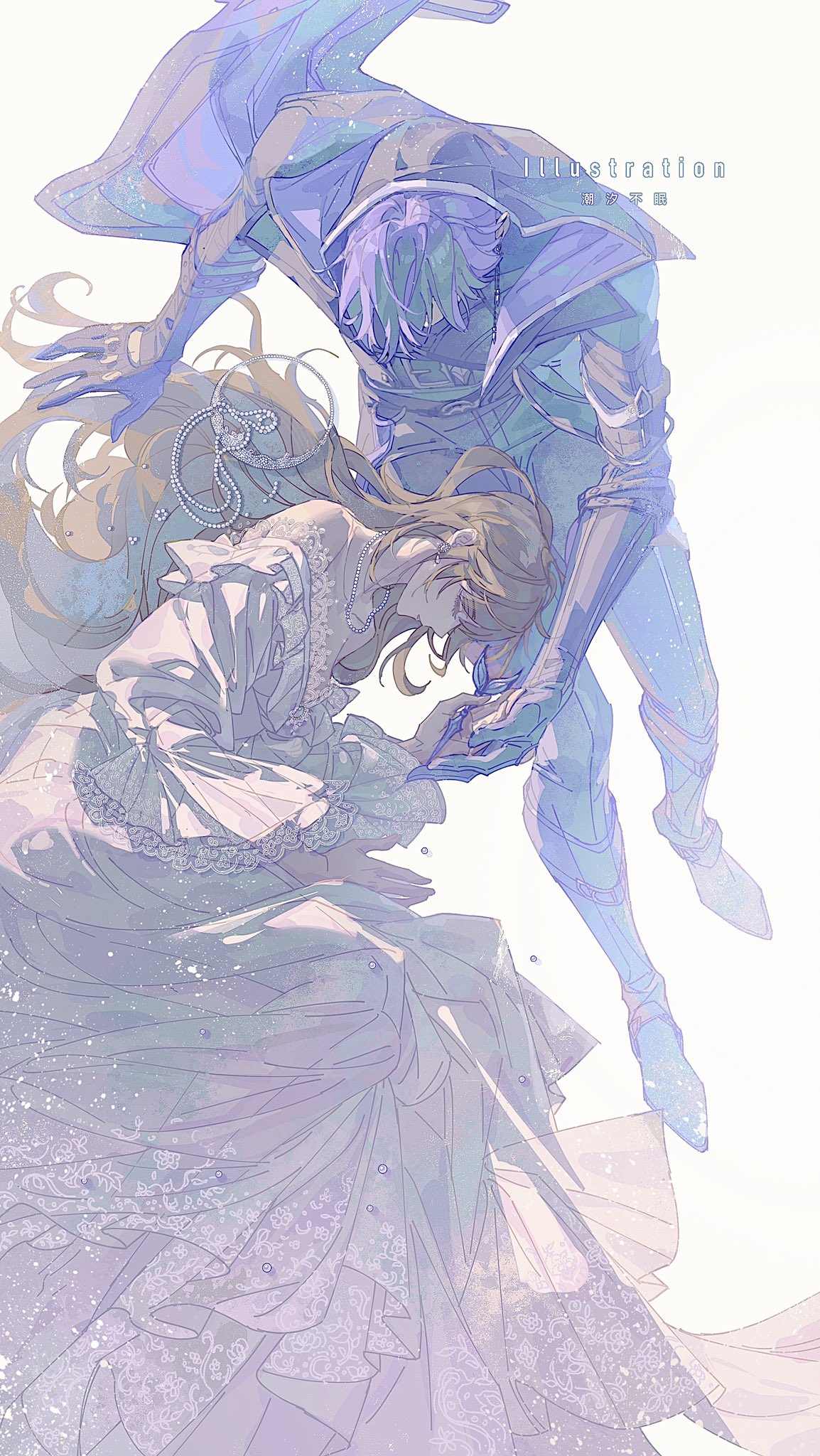 chaoxibumian, protagonist (love and deepspace), rafayel (love and deepspace), love and deepspace, commentary request, highres, 1boy, 1girl, bare shoulders, black coat, black gloves, brown hair, closed eyes, coat, dress, gloves, hair between eyes, holding hands, hood, hood up, hooded coat, long dress, long hair, long sleeves, off-shoulder dress, off shoulder, puffy long sleeves, puffy sleeves, purple eyes, short hair, white background, white dress