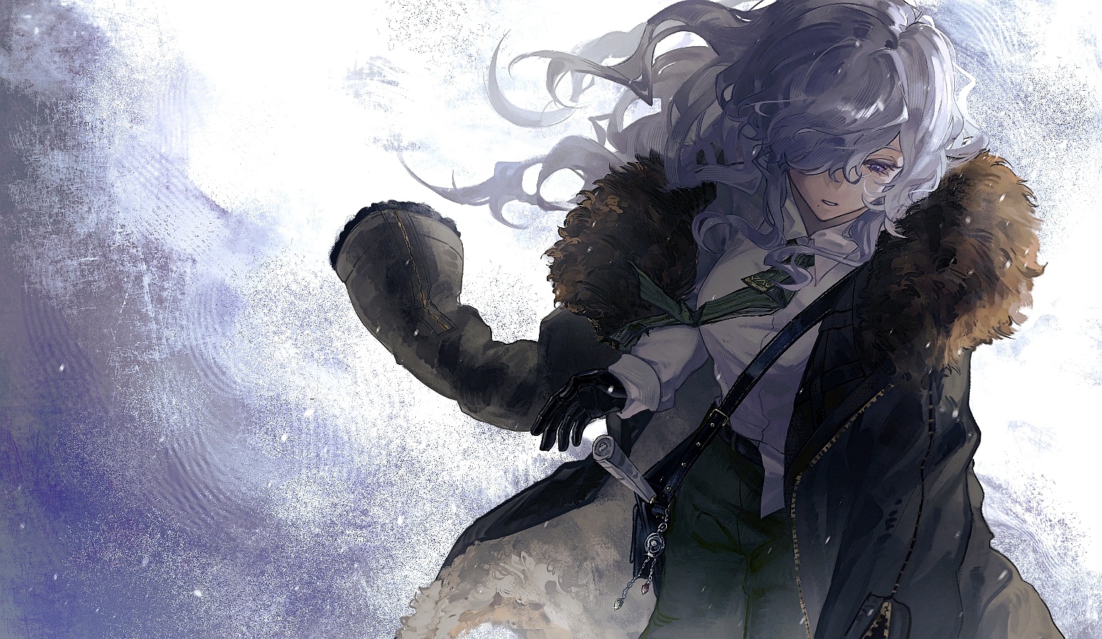 windsong (reverse:1999), reverse:1999, commentary request, 1girl, arm out of sleeve, bag, black bag, black gloves, brown coat, coat, collared shirt, cowboy shot, floating hair, fur-trimmed coat, fur trim, gloves, green necktie, green pants, grey background, hair over one eye, long hair, looking down, mole, mole under mouth, necktie, one eye covered, pants, parted lips, purple eyes, shirt, shoulder bag, solo, two-tone background, white background, white hair, white shirt, yongwu leyuan