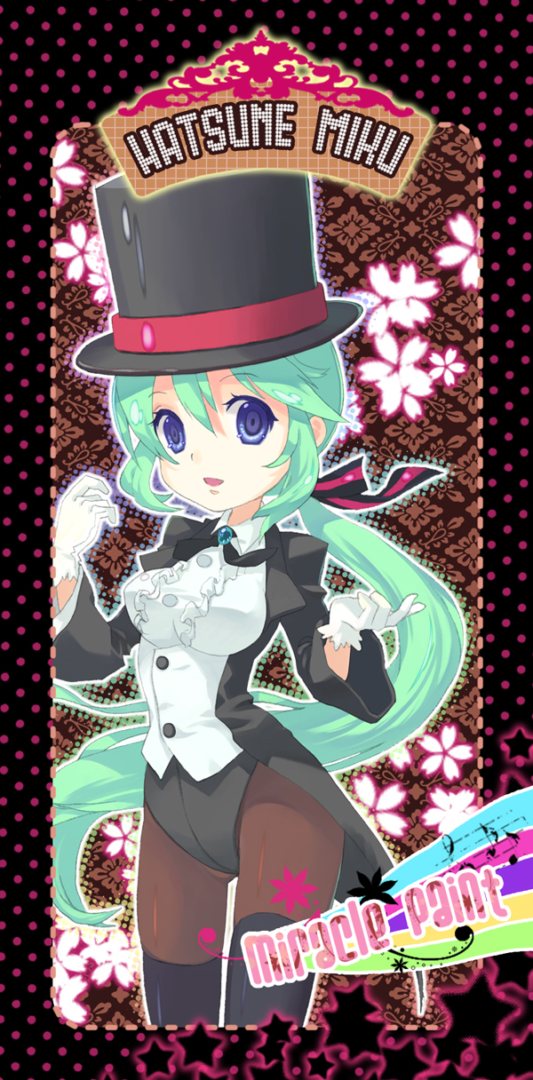 mintchoco (orange shabette), hatsune miku, hatsune miku (magician), miracle paint (vocaloid), project diva, project diva (series), vocaloid, highres, 1girl, aqua hair, blue eyes, female focus, gloves, hat, long hair, magician, pantyhose, ponytail, solo, thighhighs, top hat