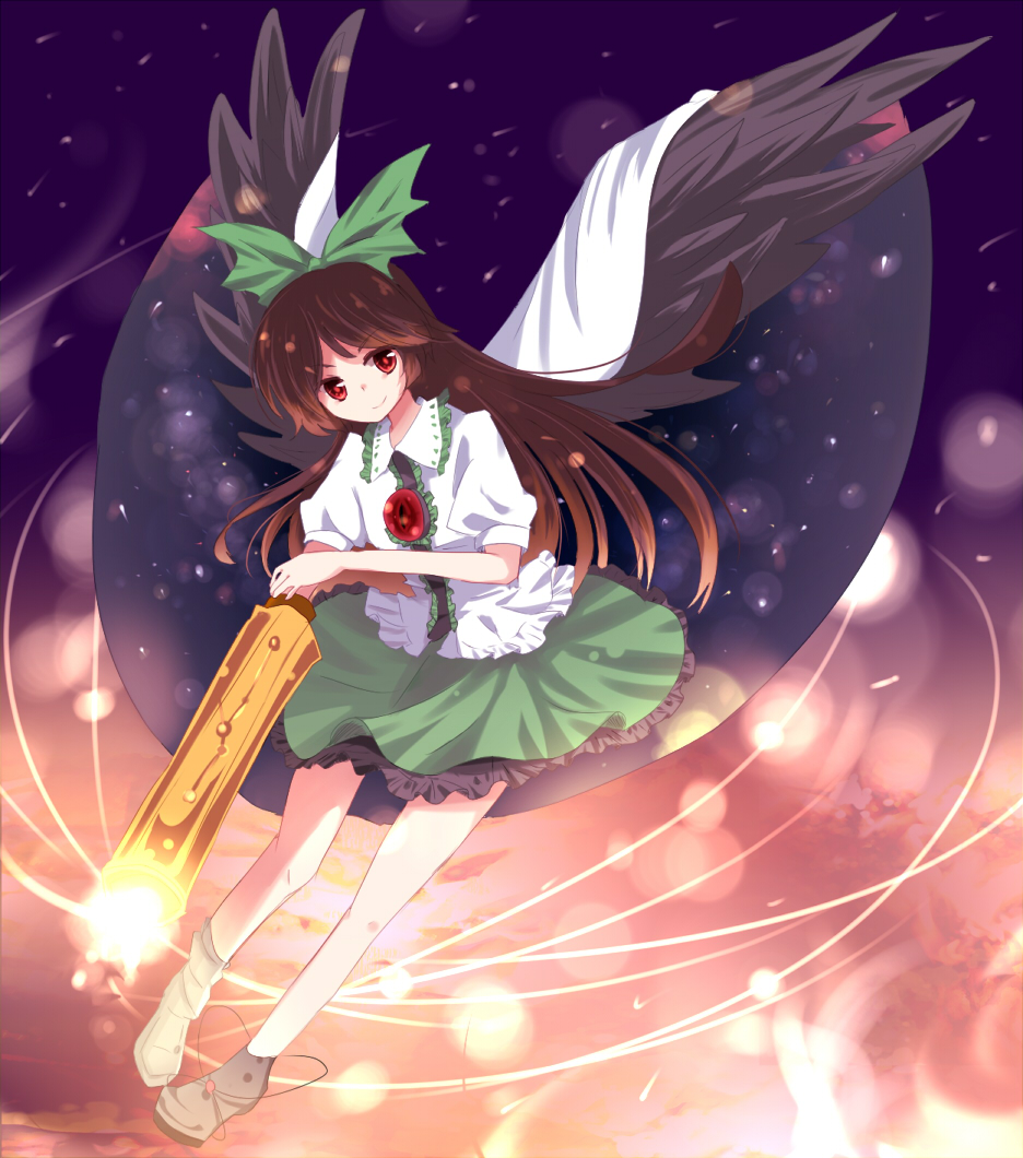 kodamari, reiuji utsuho, touhou, bad id, bad pixiv id, 1girl, arm cannon, bare legs, black wings, brown hair, cape, female focus, hair ribbon, long hair, red eyes, ribbon, smile, solo, weapon, wings