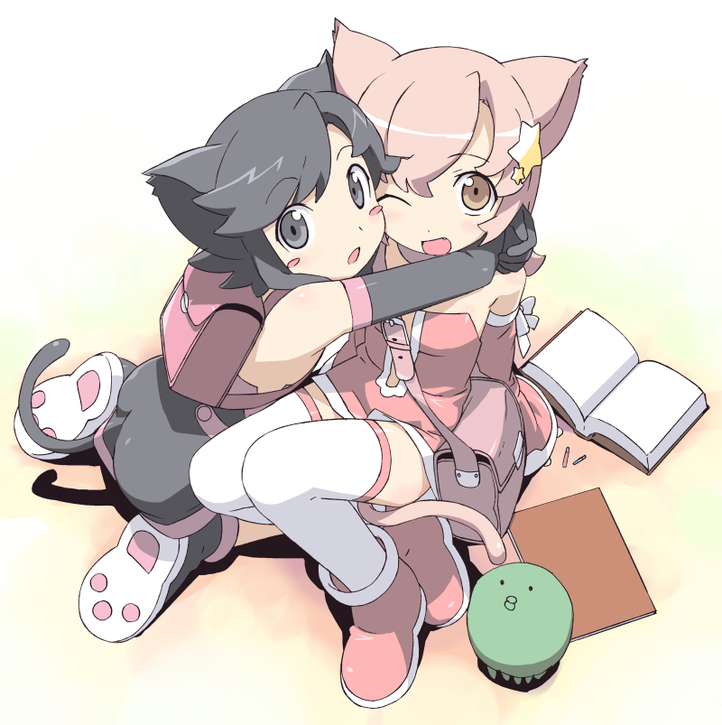 kanzaki hiro, white legwear, 2girls, :o, ;d, animal ears, backpack, bag, black hair, blush, blush stickers, body blush, book, boots, brown eyes, cat ears, cat tail, fang, from above, grey eyes, hair ornament, hug, kneeling, looking at viewer, looking back, multiple girls, one eye closed, open mouth, paw shoes, pink boots, pink hair, randoseru, shoes, short hair, shoulder bag, simple background, sitting, smile, star (symbol), tail, thighhighs, zettai ryouiki