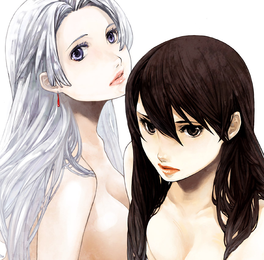 katsura (+araka), balsa, chris lightfellow, gensou suikoden, gensou suikoden iii, seirei no moribito, silver hair, 2girls, brown eyes, brown hair, crossover, lips, long hair, multiple girls, nude, purple eyes