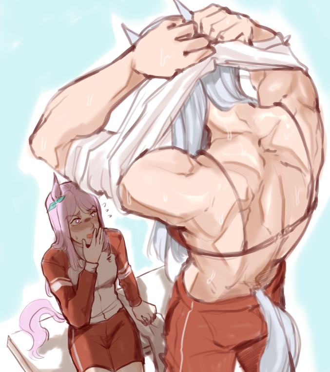 gold ship (umamusume), mejiro mcqueen (umamusume), umamusume, 2girls, alternate muscle size, animal ears, back, blue background, blush, bra, hair ribbon, height difference, horse ears, horse girl, horse tail, jacket, long hair, multiple girls, muscular, muscular female, on bench, pink hair, ribbon, simple background, sitting, size difference, sweat, tail, track jacket, underwear, undressing, vennyyyy draws, white hair, yuri