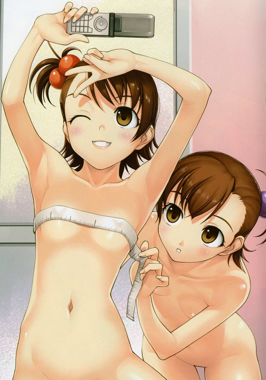 tanaka shoutarou, futami ami, futami mami, idolmaster, highres, 2girls, armpits, arms up, bent over, blush, brown hair, bust measuring, cellphone, collarbone, flat chest, grin, hair bobbles, hair ornament, loli, measuring, multiple girls, navel, nude, one eye closed, parted lips, phone, ponytail, siblings, side ponytail, sisters, smile, standing, tape measure, teeth, twins, v, wink, yellow eyes
