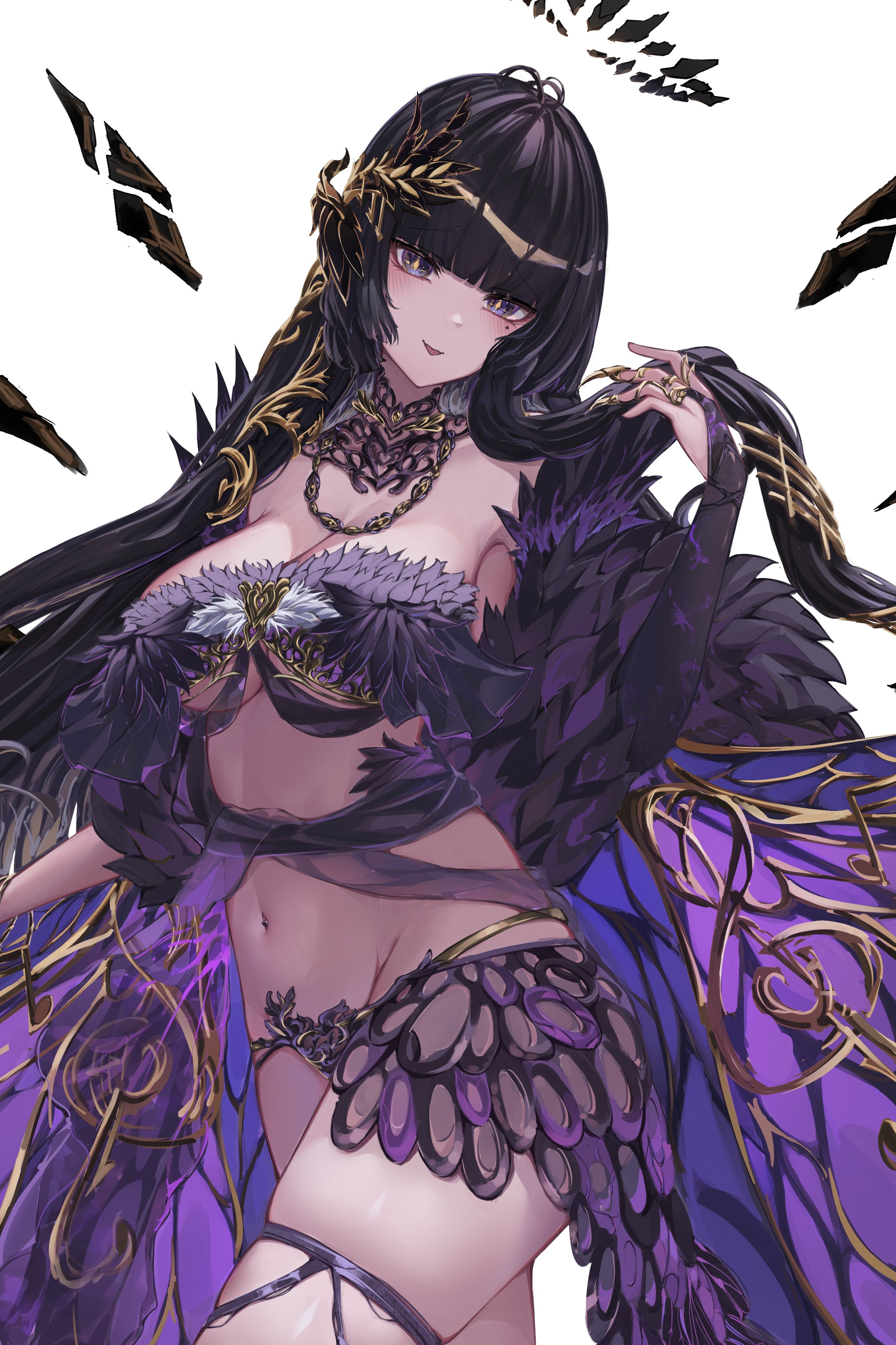 kuroroui, virtuosa (arknights), arknights, absurdres, hashtag-only commentary, highres, 1girl, absurdly long hair, animal print, armpit peek, black hair, black halo, blush, bra, breasts, bright pupils, broken halo, butterfly print, claw ring, cleavage, cowboy shot, dark halo, detached wings, diamond-shaped pupils, diamond (shape), energy wings, eyebrows hidden by hair, feather bra, groin, hair lift, hair ornament, halo, hand up, head tilt, hime cut, jewelry, large breasts, long hair, looking at viewer, midriff, mole, mole under eye, musical note, navel, necklace, open mouth, purple bra, purple eyes, ring, simple background, skindentation, smile, solo, standing, symbol-shaped pupils, thigh strap, thighs, underboob, underwear, very long hair, white background, wings, yellow pupils