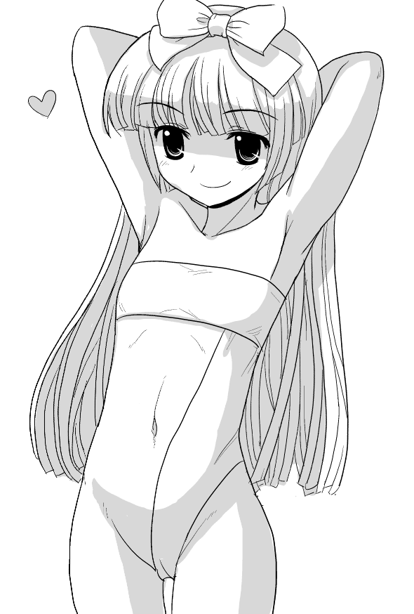 3.1-tan, os-tan, 1girl, armpits, arms behind head, blunt bangs, bow, cameltoe, female focus, flat chest, greyscale, hair bow, heart, long hair, monochrome, navel, simple background, smile, solo, standing, thigh gap, thighs, white background