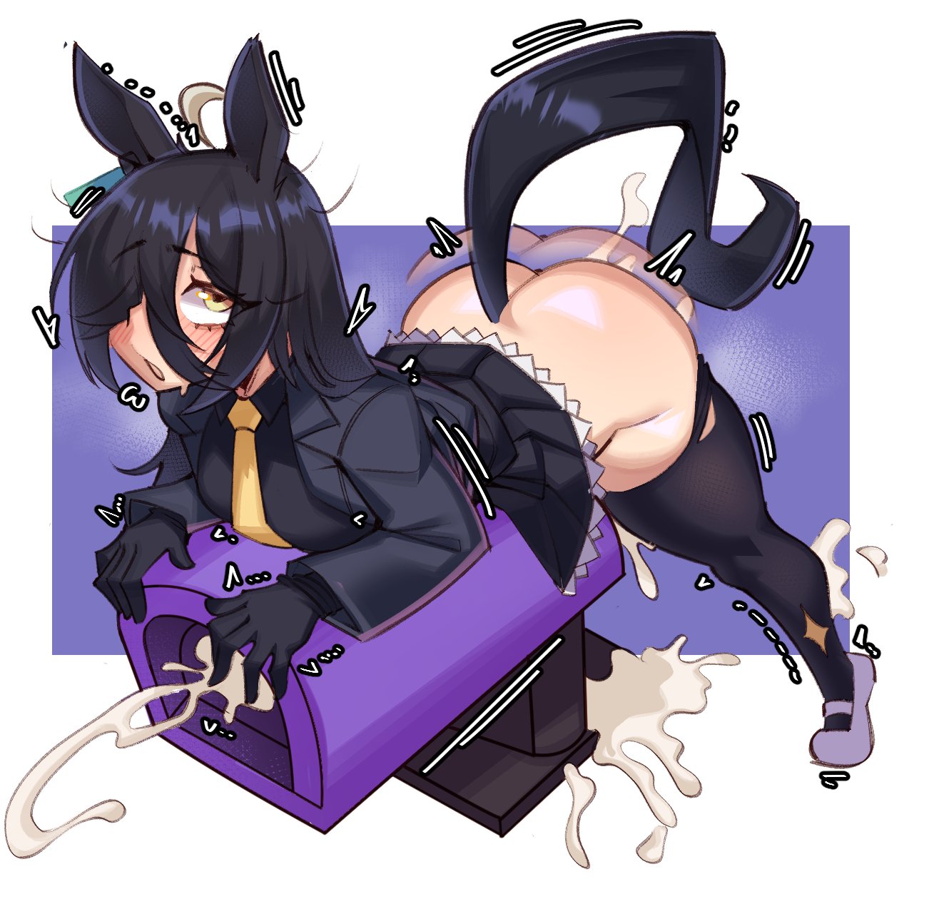 sooradraws, manhattan cafe (umamusume), umamusume, highres, 1girl, ahoge, animal ears, ass, bent over, black gloves, black hair, black jacket, black shirt, black skirt, breeding mount, clothes lift, cum, cum overflow, futanari, futanari masturbation, gloves, hair over one eye, horse ears, horse girl, horse tail, jacket, long hair, long sleeves, masturbation, necktie, projectile cum, shirt, skirt, skirt lift, solo, standing, tail, yellow eyes, yellow necktie