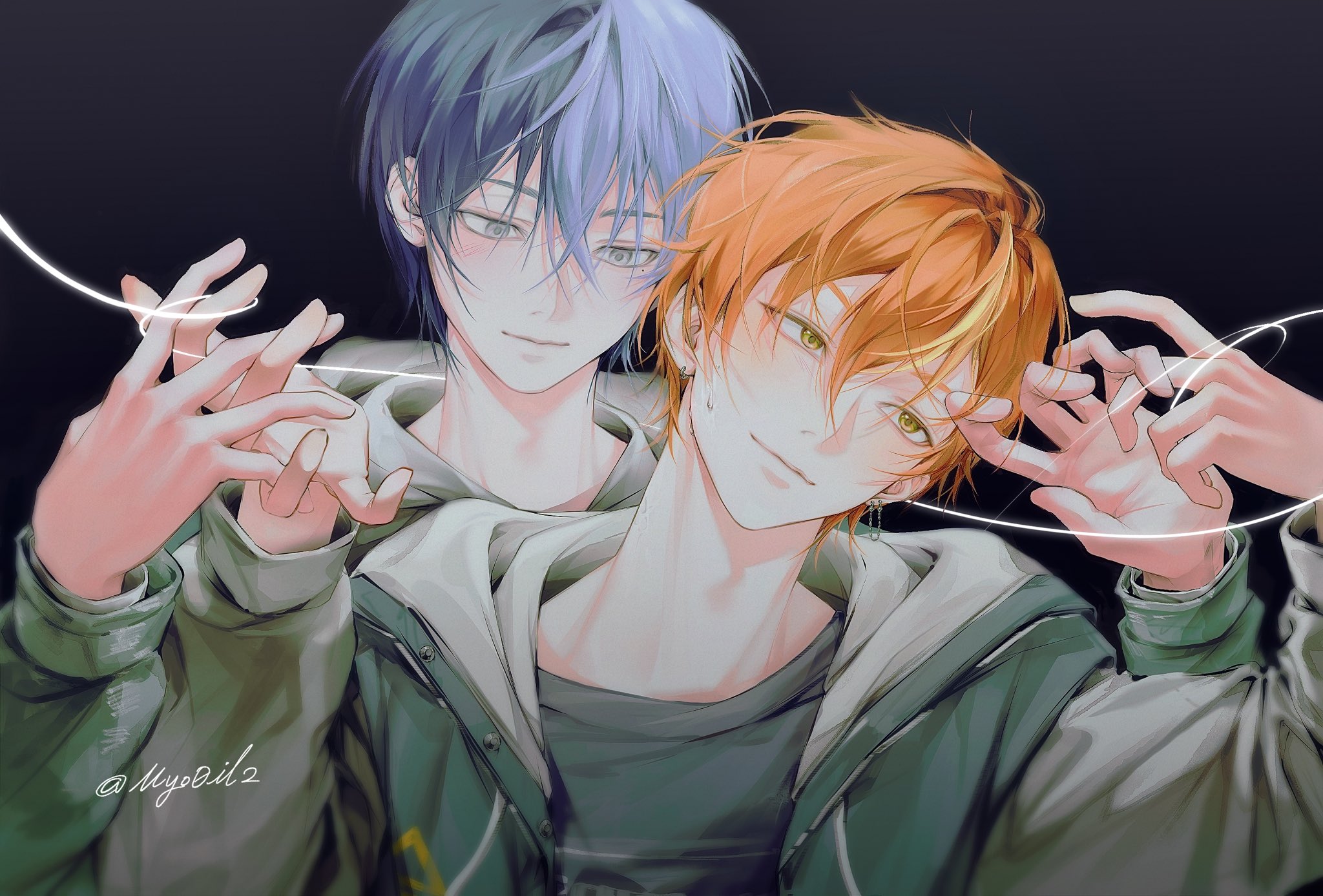 aoyagi touya, shinonome akito, project sekai, commentary, english commentary, highres, 2boys, black shirt, blonde hair, blue hair, closed mouth, earrings, front-to-back, grey eyes, hair between eyes, hood, hood down, hoodie, jewelry, light blush, long sleeves, male focus, mole, mole under eye, multicolored hair, multiple boys, myo0il2, open clothes, open hoodie, orange hair, shirt, short hair, split-color hair, streaked hair, twitter username, two-tone hair, yaoi, yellow eyes