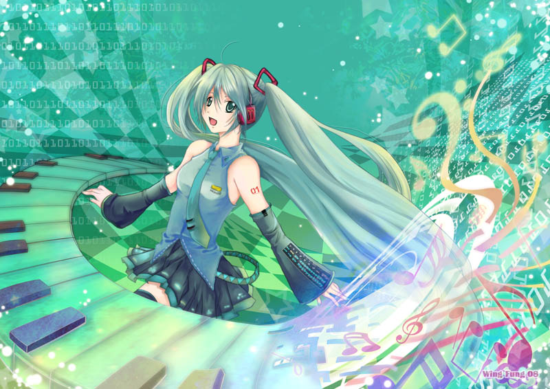 hatsune miku, vocaloid, 1girl, ahoge, aqua eyes, aqua hair, detached sleeves, female focus, headphones, long hair, necktie, skirt, smile, solo, thighhighs, twintails, very long hair, zettai ryouiki