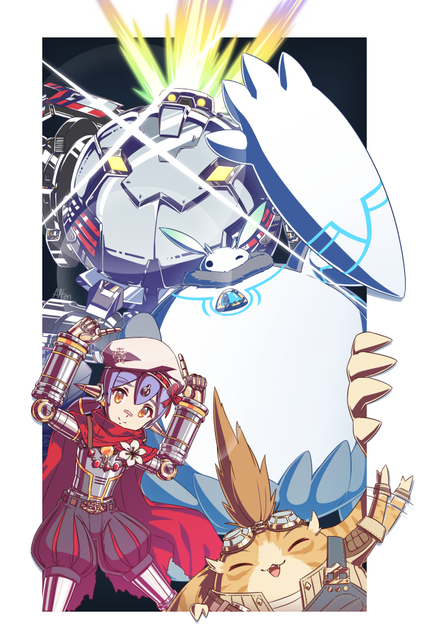 alten, boreas (xenoblade), poppi (xenoblade), poppi alpha (xenoblade), poppibuster (xenoblade), tora (xenoblade 2), xenoblade chronicles (series), xenoblade chronicles 2, 1girl, android, beret, bow, flower, glint, hat, hat bow, humanoid robot, joints, looking at viewer, mecha, nopon, orange eyes, pointing, puff and slash shorts, purple hair, robot, robot girl, robot joints, white flower, white hat