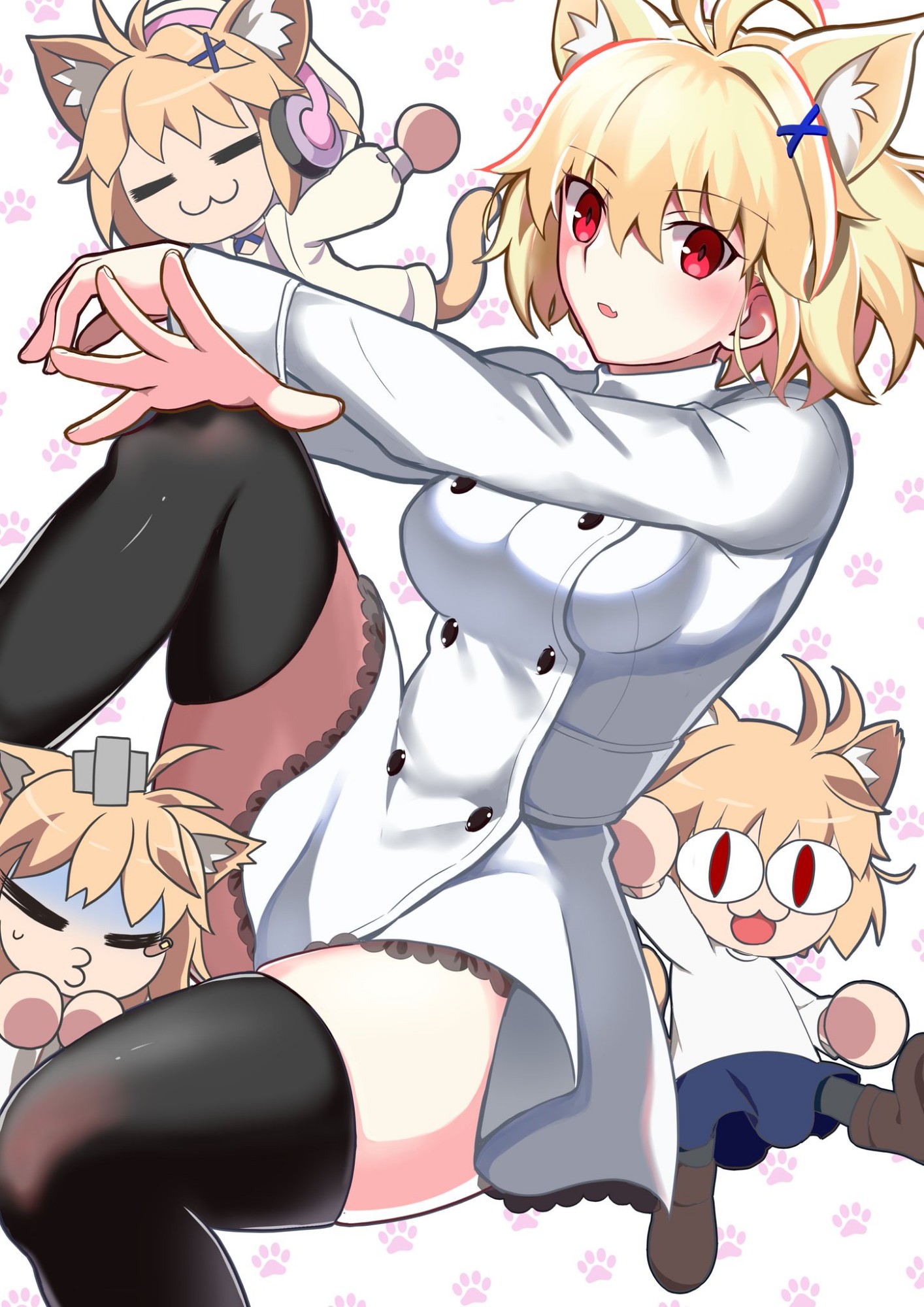 mashimaro tabetai, arcueid brunestud, neco-arc, phantas-moon, phantas-moon (second ascension), fate/grand order, fate (series), tsukihime, tsukihime (remake), commentary request, highres, 4girls, :3, ahoge, animal ear fluff, animal ears, bandaid, bandaid on hand, black thighhighs, blonde hair, blush, boots, breasts, brown boots, cat ears, cat girl, cat tail, chibi, chibi inset, closed eyes, crying, dress, dual persona, fang, hair between eyes, hair intakes, hair ornament, hairpin, headphones, hood, hoodie, looking at viewer, multiple girls, multiple persona, official alternate costume, pantyhose, paw print, paw print background, pink hoodie, red eyes, skin fang, smile, sweat, sweater, tail, thick thighs, thighhighs, thighs, turtleneck, turtleneck sweater, wavy hair, white dress, white sweater, zettai ryouiki