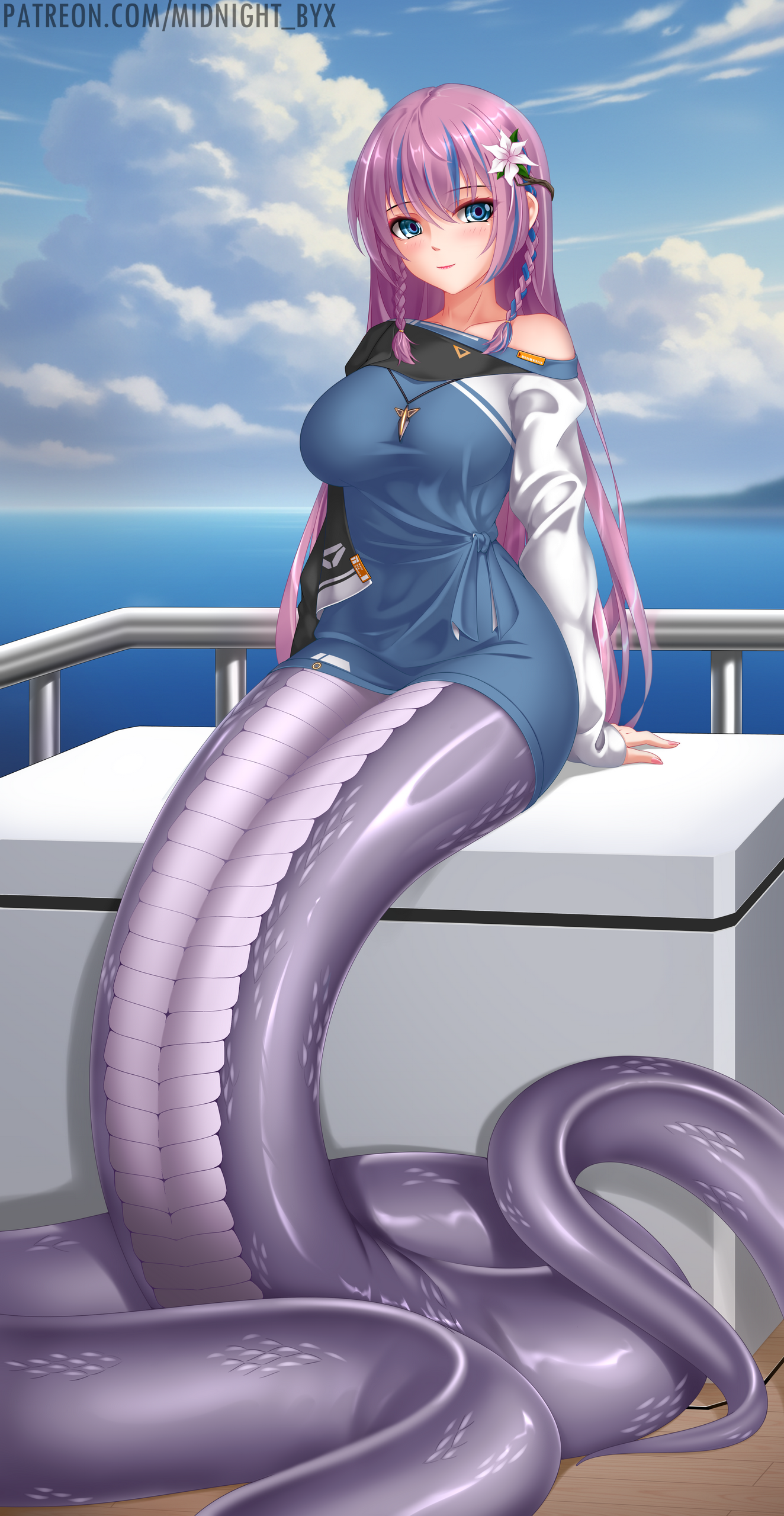 midnight (banyex), original, absurdres, highres, 1girl, asymmetrical clothes, blue eyes, blue hair, braid, breasts, flower, hair flower, hair ornament, jewelry, lamia, large breasts, long hair, looking at viewer, monster girl, multicolored hair, purple hair, sitting, solo, streaked hair, twin braids, two-tone hair, watermark, web address