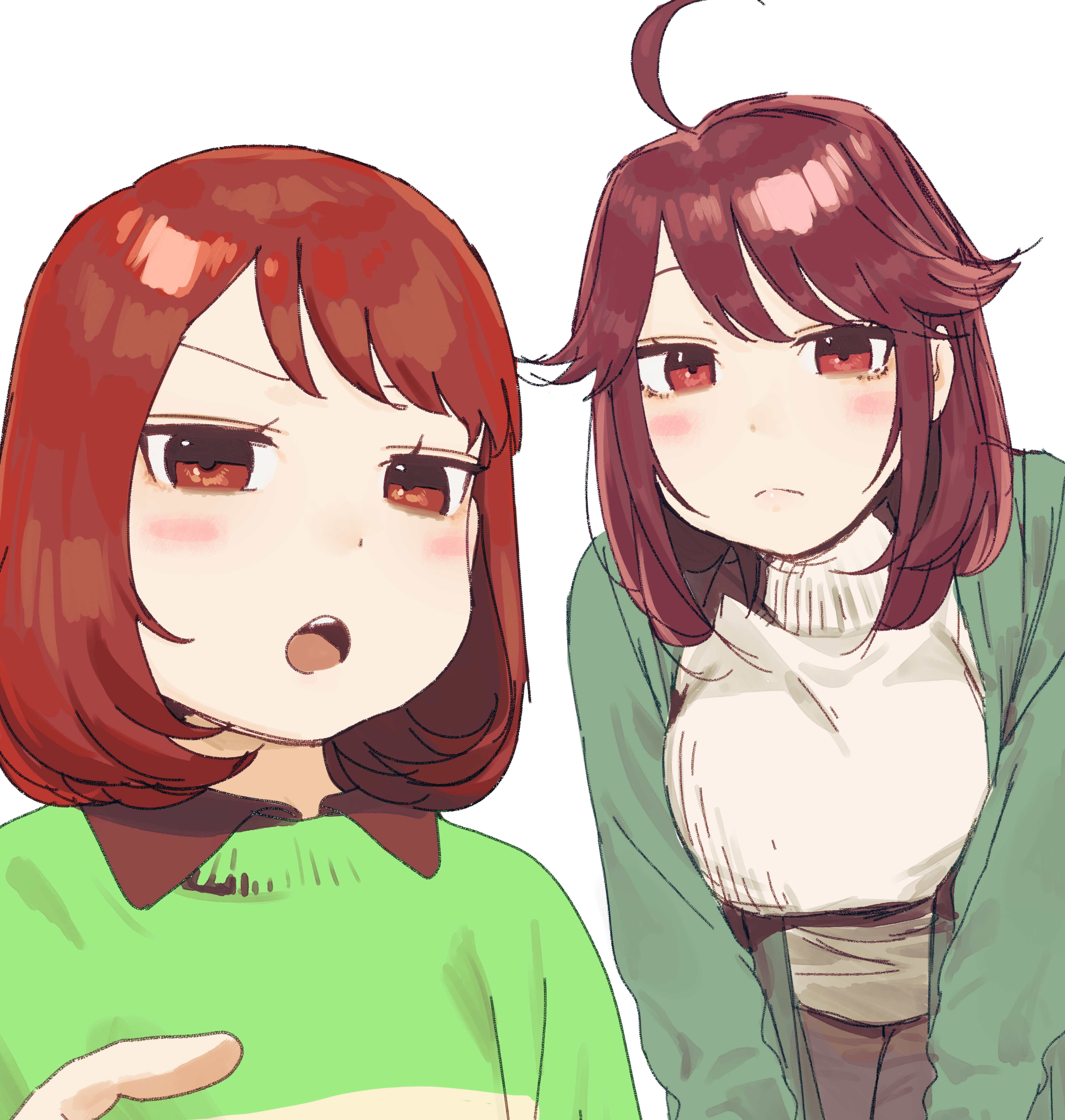 heart soma, chara (undertale), undertale, utdr (toby fox), absurdres, commentary request, highres, tagme, 1other, alternate universe, brown hair, chara (facing demons), collared sweater, facing demons, genderswap, genderswap (otm), green jacket, green sweater, jacket, leaning forward, looking at viewer, open mouth, red eyes, short hair, striped clothes, striped sweater, sweater, two-tone sweater, white background