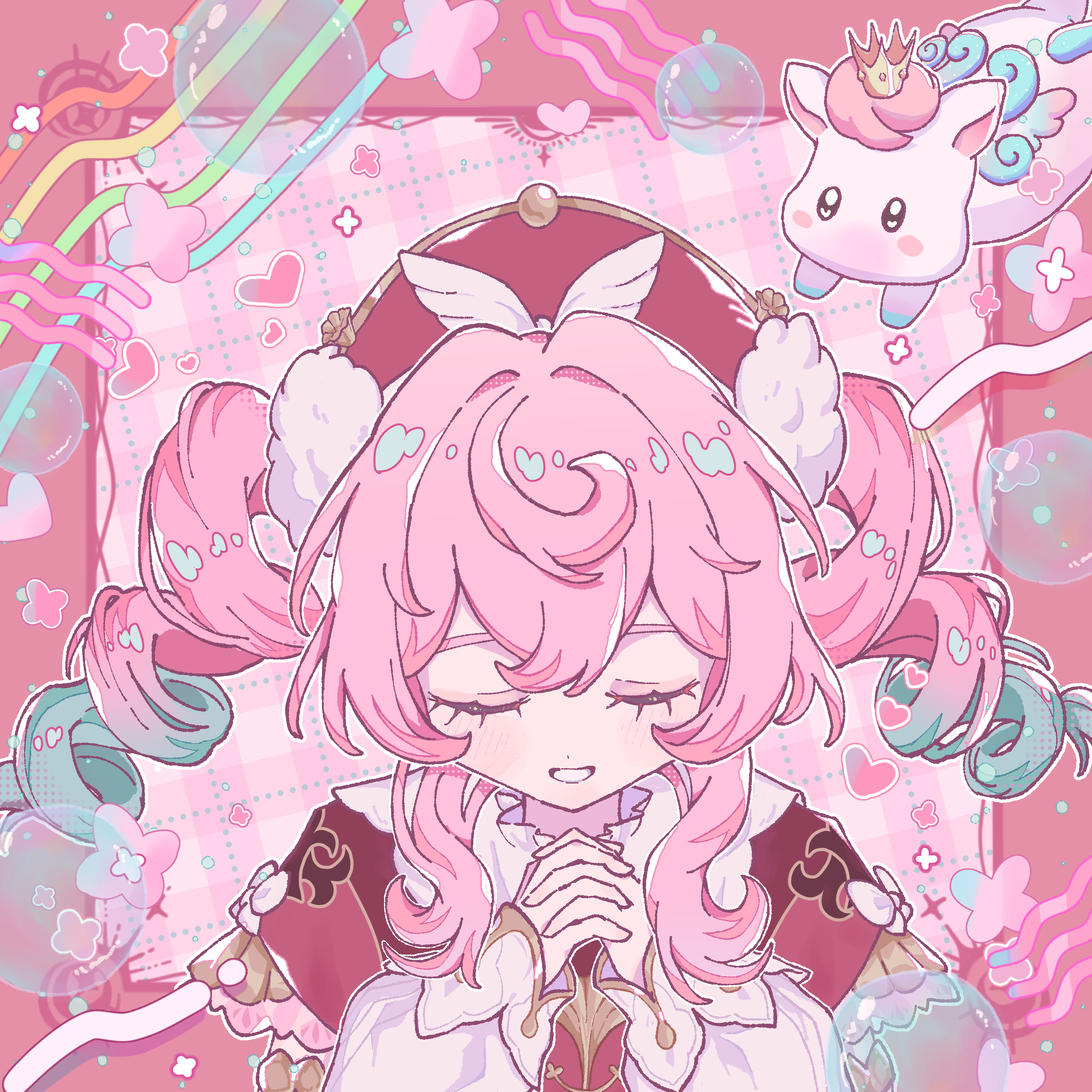 hyacine (honkai: star rail), little ica (honkai: star rail), honkai: star rail, honkai (series), absurdres, commentary request, highres, 1girl, 1other, aqua hair, beret, bismas bi, bubble, closed eyes, hat, heart, long hair, long sleeves, open mouth, own hands together, pink hair, red hat, twintails, upper body, wavy hair