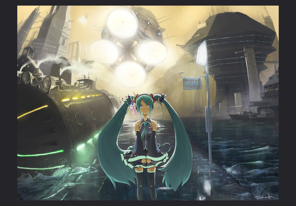 tsukuda, tsukudani, hatsune miku, vocaloid, 1girl, aqua hair, blue eyes, cityscape, detached sleeves, female focus, flower, headphones, long hair, necktie, outdoors, scenery, skirt, sky, solo, spacecraft, tears, thighhighs, twintails, water, zettai ryouiki