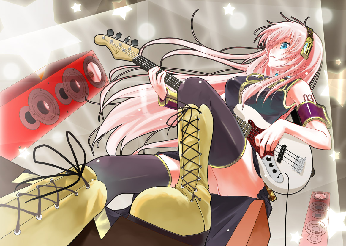 porurin (do-desho), megurine luka, vocaloid, 1girl, bass guitar, blue eyes, boots, female focus, headphones, instrument, long hair, pink hair, skirt, solo, speaker, thighhighs, very long hair