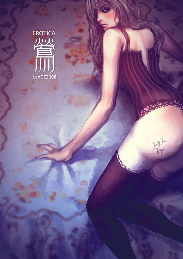 langewong, original, 00s, 1girl, 2008, all fours, ass, corset, female focus, lips, long hair, looking back, solo, tattoo, thighhighs