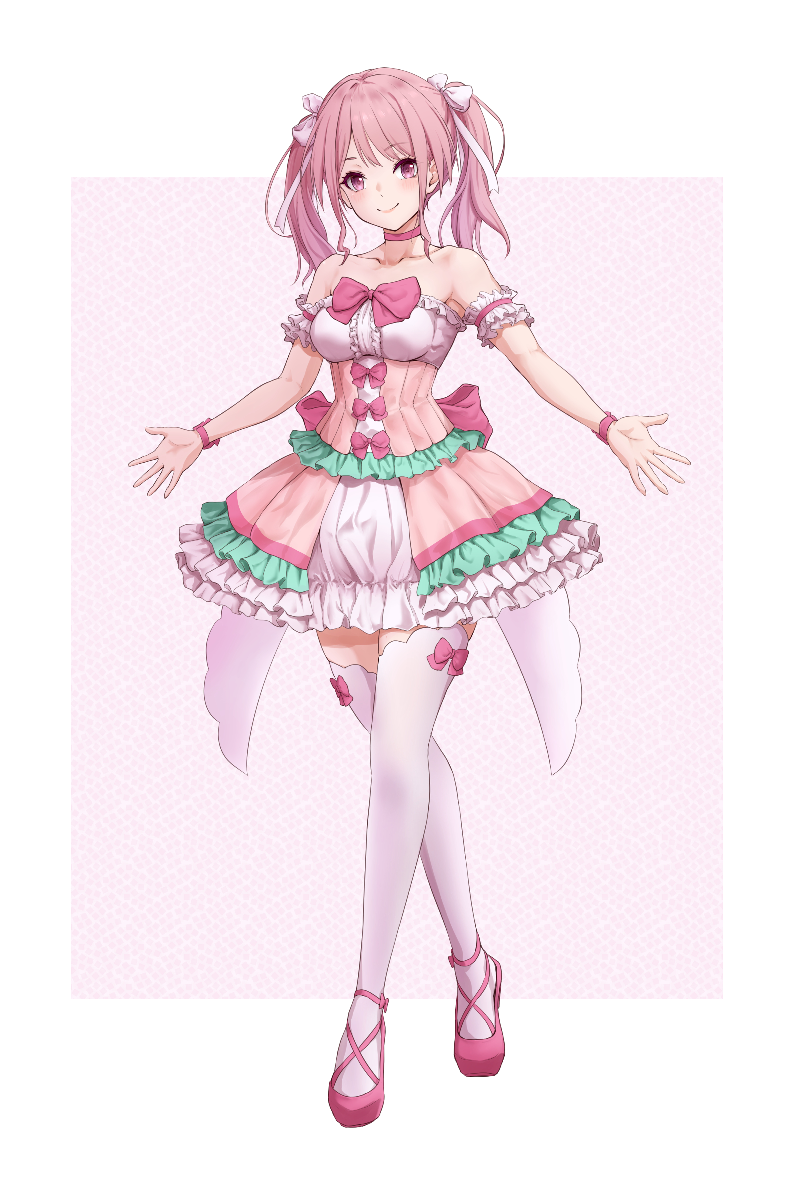 13enter, maruyama aya, bang dream!, absurdres, commentary request, highres, 1girl, blush, bow, breasts, choker, dress, full body, long hair, looking at viewer, medium breasts, pink background, pink choker, pink dress, pink eyes, pink hair, pink shoes, shoes, smile, solo, standing, thighhighs, twintails, white thighhighs