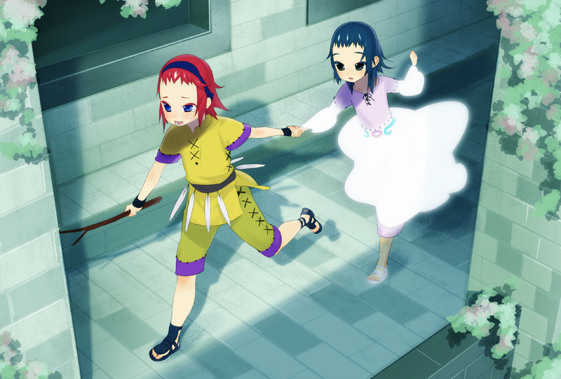 tensugi takashi, mono (shadow of the colossus), wander (shadow of the colossus), ico, shadow of the colossus, bad id, bad pixiv id, blue hair, hairband, holding hands, parody, red hair, running, short hair