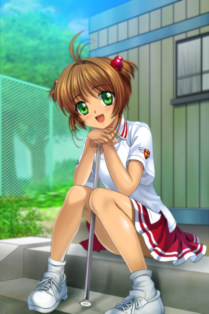 mutsuki (moonknives), kinomoto sakura, cardcaptor sakura, kodansha, baton, uniform, bad id, bad pixiv id, 1990s (style), 1girl, ahoge, antenna hair, brown hair, cheerleader, child, female focus, green eyes, hair bobbles, hair ornament, majorette, open mouth, retro artstyle, shoes, short hair, short twintails, sitting, sitting on stairs, skirt, smile, sneakers, solo, stairs, twintails, twirl baton, two side up