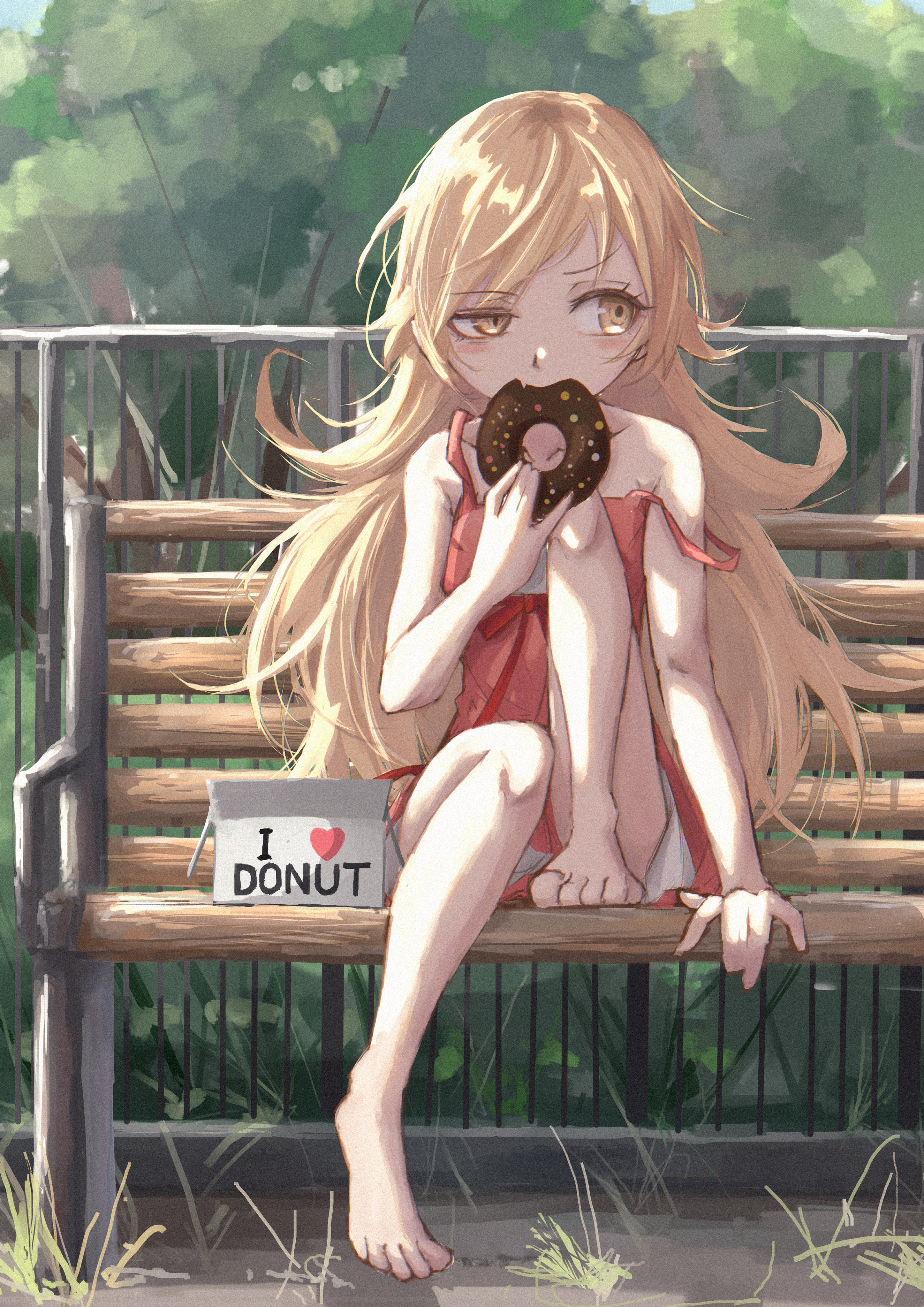 oshino shinobu, bakemonogatari, monogatari (series), absurdres, highres, 1girl, 49 works, arm at side, arm rest, bare arms, bare legs, bare shoulders, barefoot, bench, blonde hair, center frills, chocolate donut, collarbone, donut, dress, dress ribbon, eating, fang, flipped hair, food, frills, full body, grass, hair flaps, hand to own mouth, hand up, knee to chest, knee up, light blush, long hair, looking to the side, on bench, outdoors, park bench, pastry box, railing, red dress, ringed eyes, sitting, sleeveless, sleeveless dress, solo, strap slip, sundress, tree, uneven eyes, v-shaped eyebrows, very long hair, yellow eyes