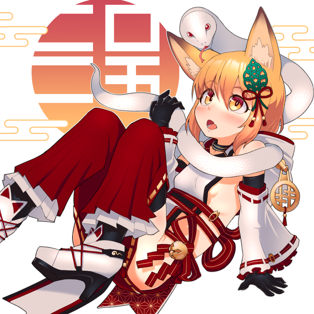 torque, original, commentary request, 1girl, animal ears, black gloves, black thighhighs, blonde hair, blush, breasts, chinese zodiac, clothing cutout, detached sleeves, egasumi, elbow gloves, fang, fox ears, fox girl, full body, gloves, hair ribbon, high heels, hip vent, open mouth, pants, red pants, red ribbon, ribbon, ribbon-trimmed sleeves, ribbon trim, shoes, sideboob, skin fang, small breasts, snake, solo, tabard, thighhighs, white background, white shoes, white sleeves, white snake, white tabard, year of the snake