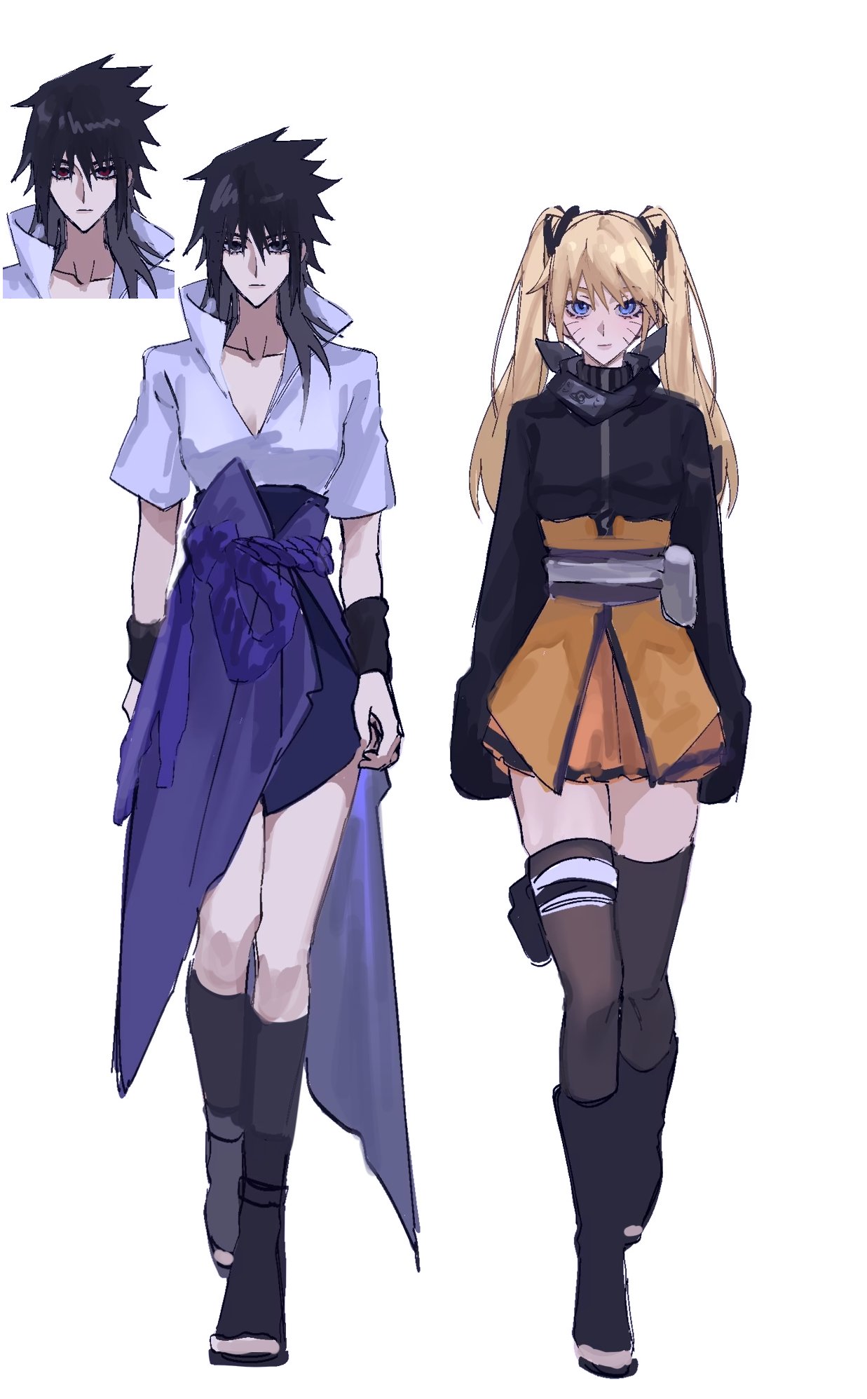 naruko (naruto), uchiha sasuke, naruto (series), naruto shippuuden, highres, 2girls, bandaged leg, bandages, black boots, black eyes, black hair, black jacket, black thighhighs, blonde hair, blue eyes, boots, breasts, facial mark, full body, genderswap, genderswap (mtf), hair between eyes, hngbo652804, jacket, long hair, looking at viewer, medium breasts, multiple girls, open-toe boots, orange skirt, popped collar, purple skirt, rope belt, shirt, short sleeves, skirt, spiked hair, thighhighs, twintails, walking, whisker markings, white background, white shirt