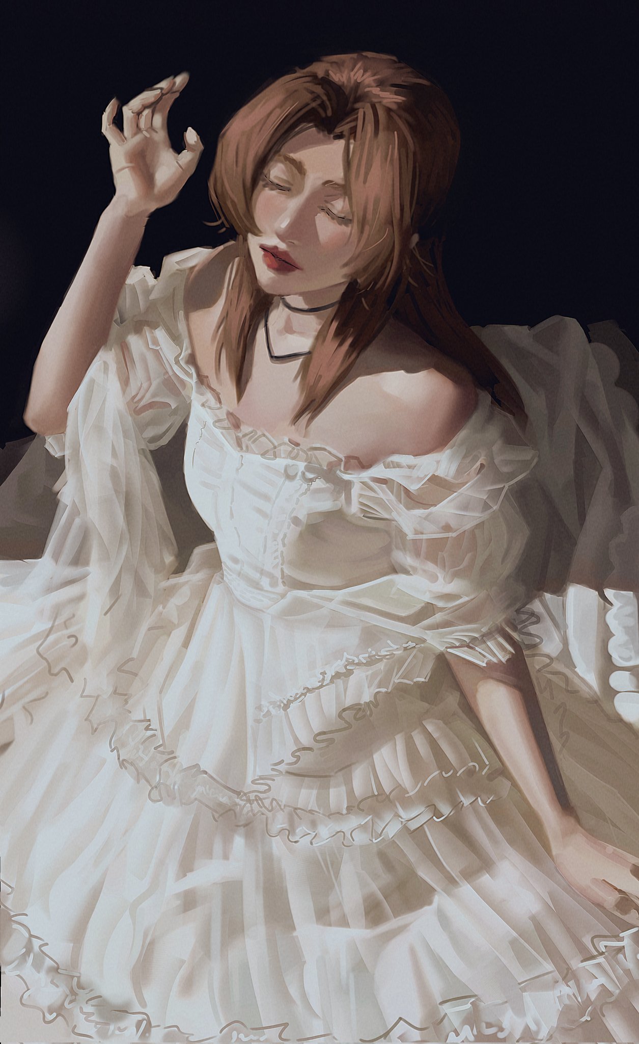 jeseni, aerith gainsborough, final fantasy, final fantasy vii, commentary, english commentary, highres, 1girl, alternate costume, bare shoulders, black background, breasts, brown hair, closed eyes, dress, from above, long dress, long hair, medium breasts, off-shoulder dress, off shoulder, parted bangs, puffy short sleeves, puffy sleeves, short sleeves, sidelocks, solo, upper body, white dress