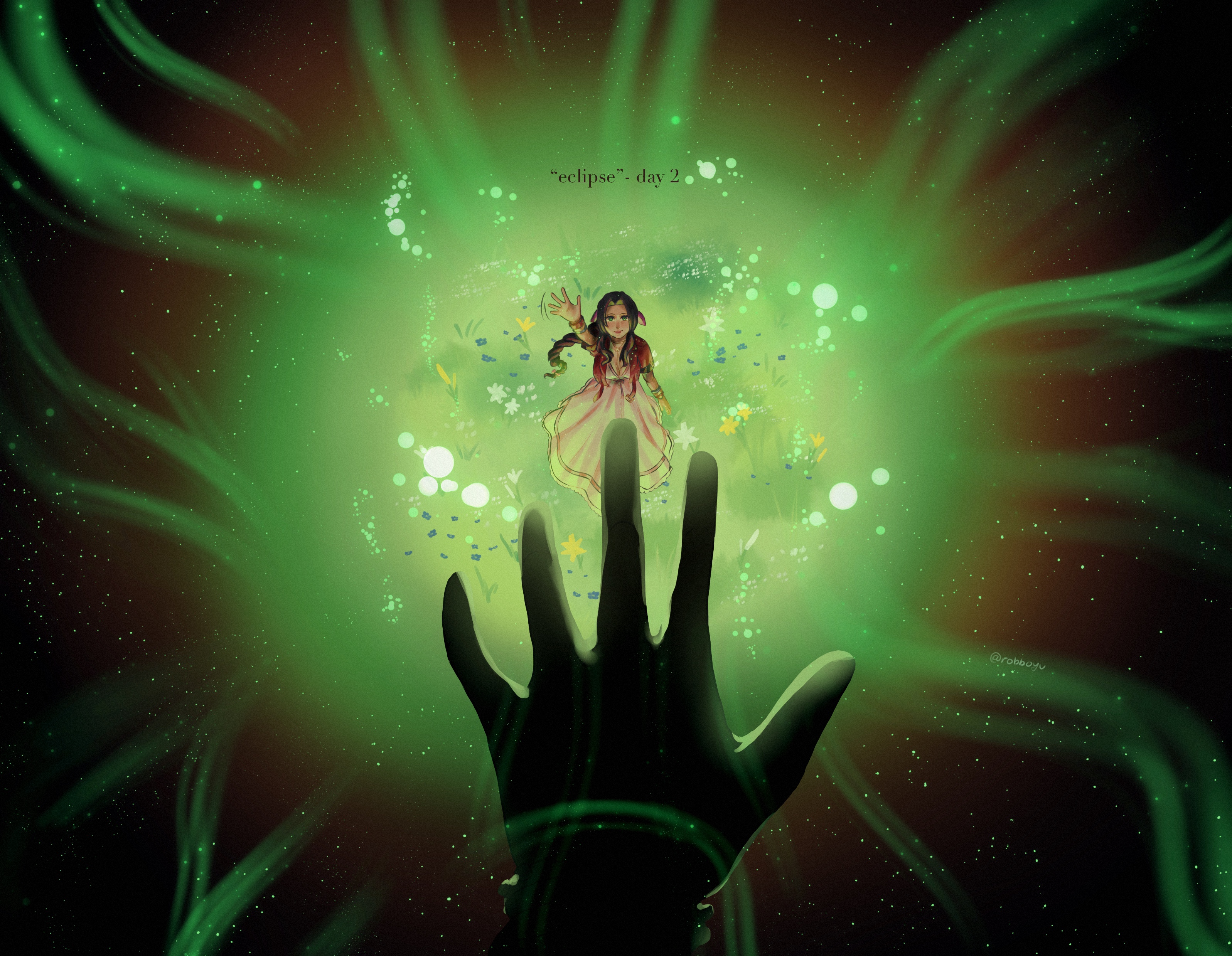 aerith gainsborough, cloud strife, final fantasy, final fantasy vii, final fantasy vii rebirth, final fantasy vii remake, absurdres, commentary, english commentary, highres, 1boy, 1girl, bangle, black gloves, bracelet, braid, braided ponytail, brown hair, dress, field, flower, flower field, from above, gloves, hair ribbon, jacket, jewelry, lifestream, long dress, long hair, looking at viewer, outstretched hand, parted bangs, pink dress, pink ribbon, red jacket, ribbon, robboyu, sidelocks, single braid