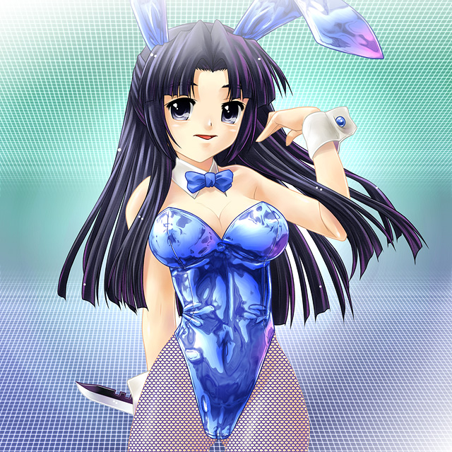 asakura ryoko, suzumiya haruhi no yuuutsu, non-web source, 00s, animal ears, blue bow, blue bowtie, blue hair, bow, bowtie, breasts, cameltoe, cleavage, detached collar, fake animal ears, fishnet pantyhose, fishnets, grey eyes, half updo, holding, holding behind back, holding knife, holding knife behind back, knife, long hair, pantyhose, playboy bunny, rabbit ears, shiny clothes, solo, thighs