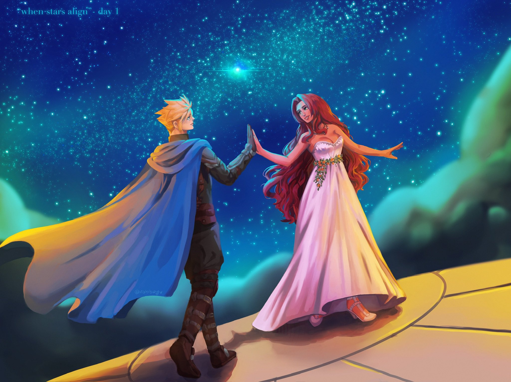 aerith gainsborough, aerith gainsborough (white floral dress), cloud strife, cloud strife (alphreid costume), final fantasy, final fantasy vii, final fantasy vii rebirth, final fantasy vii remake, commentary, english commentary, highres, 1boy, 1girl, bare arms, bare shoulders, black pants, blonde hair, blue cloak, boots, breasts, brown boots, brown hair, cleavage, cloak, cloud, cloudy sky, couple, dress, dress flower, flower, full body, hetero, holding hands, jewelry, long dress, long hair, medium breasts, necklace, night, night sky, official alternate costume, pants, parted bangs, robboyu, shoes, short hair, sidelocks, sky, smile, spiked hair, strapless, strapless dress, vambraces, white dress, white shoes