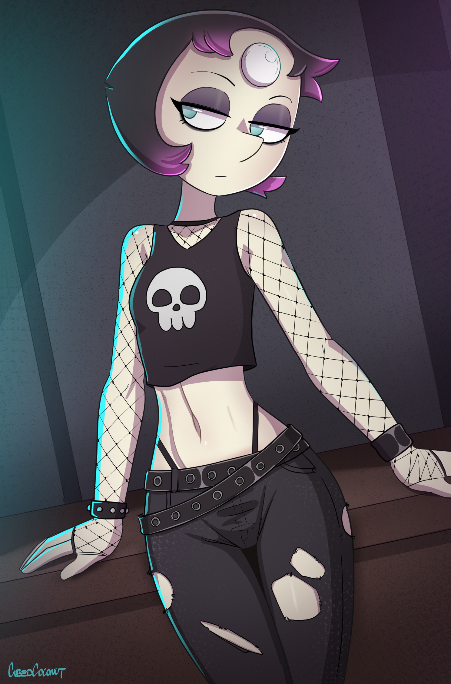 cubedcoconut, pearl (steven universe), steven universe, commentary, highres, 1girl, belt, black belt, black eyeshadow, black tank top, blue eyes, bracelet, breasts, cowboy shot, crop top, dutch angle, expressionless, eyeshadow, fishnet sleeves, fishnet top, fishnets, forehead jewel, highleg, highleg panties, jewelry, makeup, midriff, navel, panties, pants, purple hair, short hair, signature, small breasts, solo, studded bracelet, tank top, torn clothes, torn pants, underwear