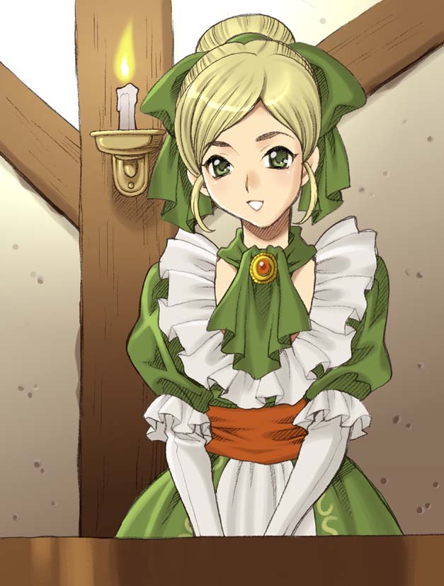 yukiyanagi, roxanne (dq9), dragon quest, dragon quest ix, level-5, blonde hair, bow, candle, dress, elbow gloves, gloves, green eyes, hair bow, smile, solo