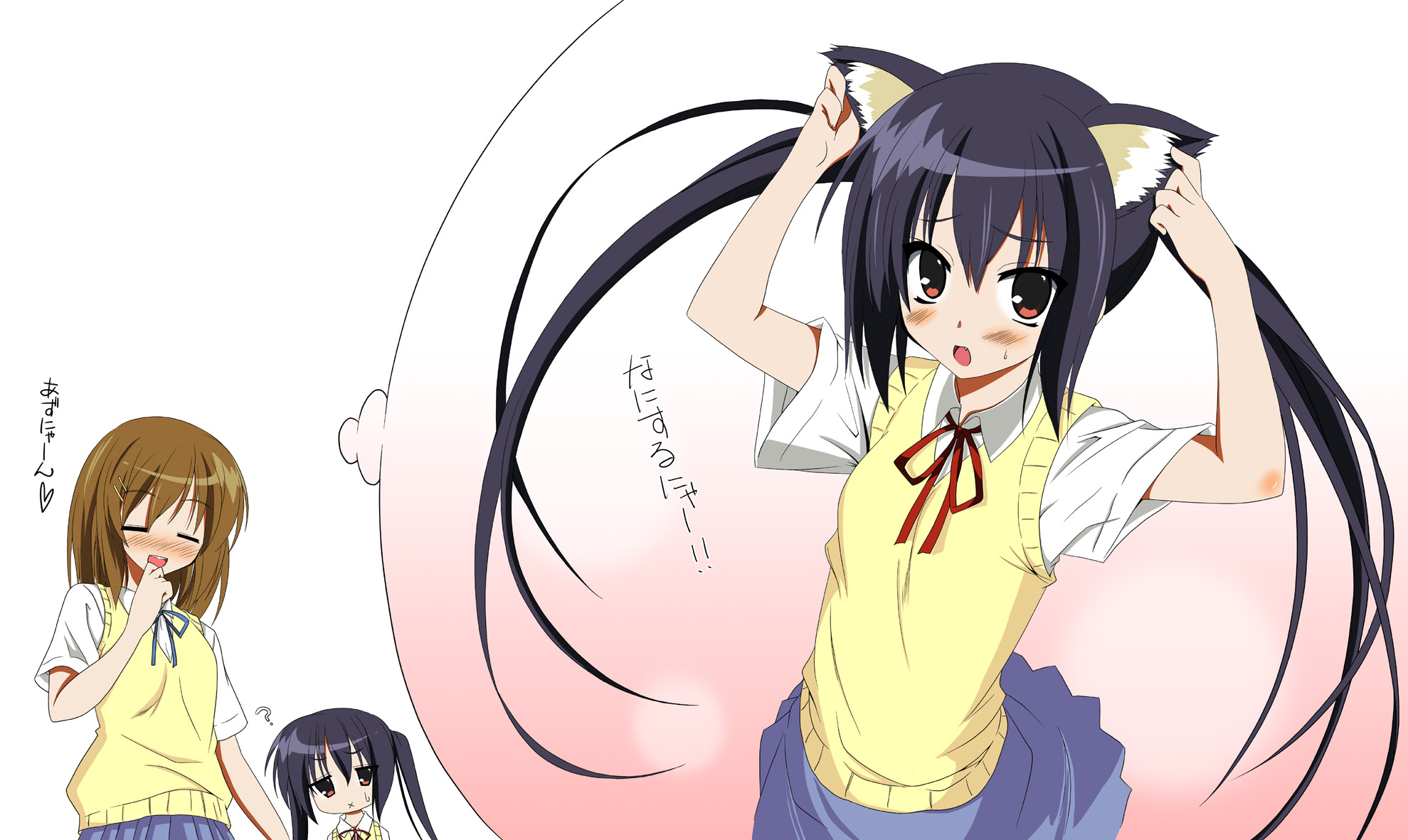 yuki shin, hirasawa yui, nakano azusa, k-on!, bad id, bad pixiv id, highres, translated, 00s, 2girls, ?, animal ears, black hair, brown eyes, cat ears, closed eyes, imagining, long hair, multiple girls, school uniform, thinking, twintails, x mouth
