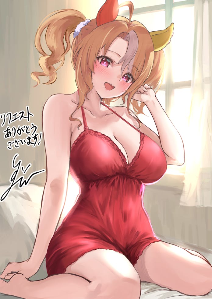 sg (esujii), fusaichi pandora (umamusume), umamusume, commentary request, commission, skeb commission, 1girl, :d, ahoge, animal ears, babydoll, barefoot, blonde hair, breasts, cleavage, collarbone, covered navel, curtains, hair ornament, hair scrunchie, hand in own hair, hand up, horse ears, horse girl, large breasts, looking at viewer, medium hair, multicolored hair, open mouth, purple eyes, red babydoll, scrunchie, signature, sitting, smile, solo, spaghetti strap, streaked hair, twintails, wariza, white background, window