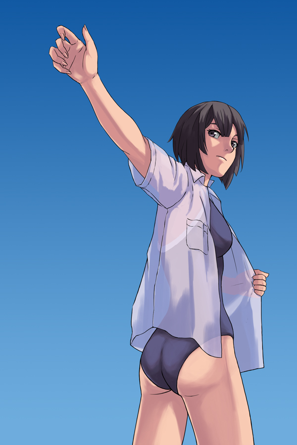 tomoshiki, original, bad id, bad pixiv id, 1girl, ass, black eyes, black hair, competition swimsuit, cowboy shot, female focus, foreshortening, looking back, one-piece swimsuit, see-through clothes, shirt, short hair, simple background, solo, stretching, swimsuit, swimsuit under clothes, wet, wet clothes, wet shirt