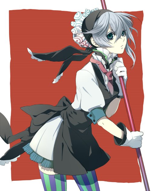 mohikan5, silver hair, bad id, bad pixiv id, 1girl, apron, bandana, blue hair, female focus, frills, gathers, gloves, green eyes, headband, maid, maid apron, necktie, short hair, solo, striped clothes, striped thighhighs, thighhighs, vertical-striped clothes, vertical-striped thighhighs, white gloves